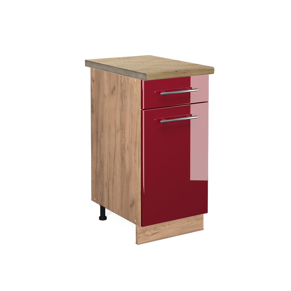 KÜCHENUNTERSCHRANK Fame-Line Bordeaux Hochglanz 40 cm, AP Eiche - Bordeaux/Eiche Wotan, Holzwerkstoff (40/82/60cm) - Vicco
