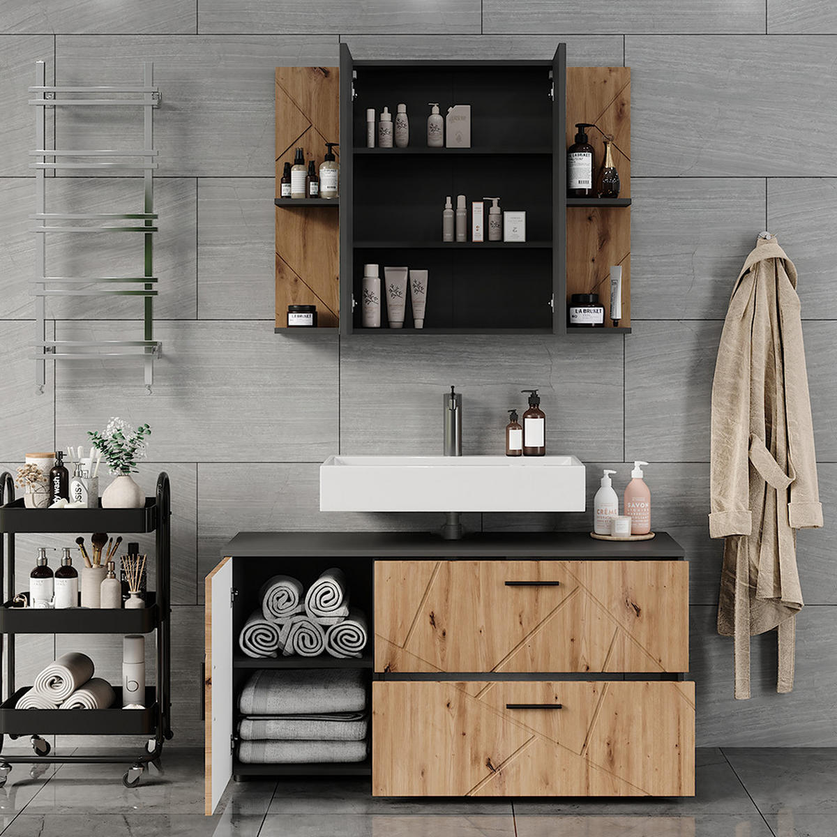 SADA KOUPELNOVÉHO NÁBYTKU Irma Antracit/Artisan - antracitová/dub artisan, kompozitní dřevo (120.1/60.6/41cm) - Vicco