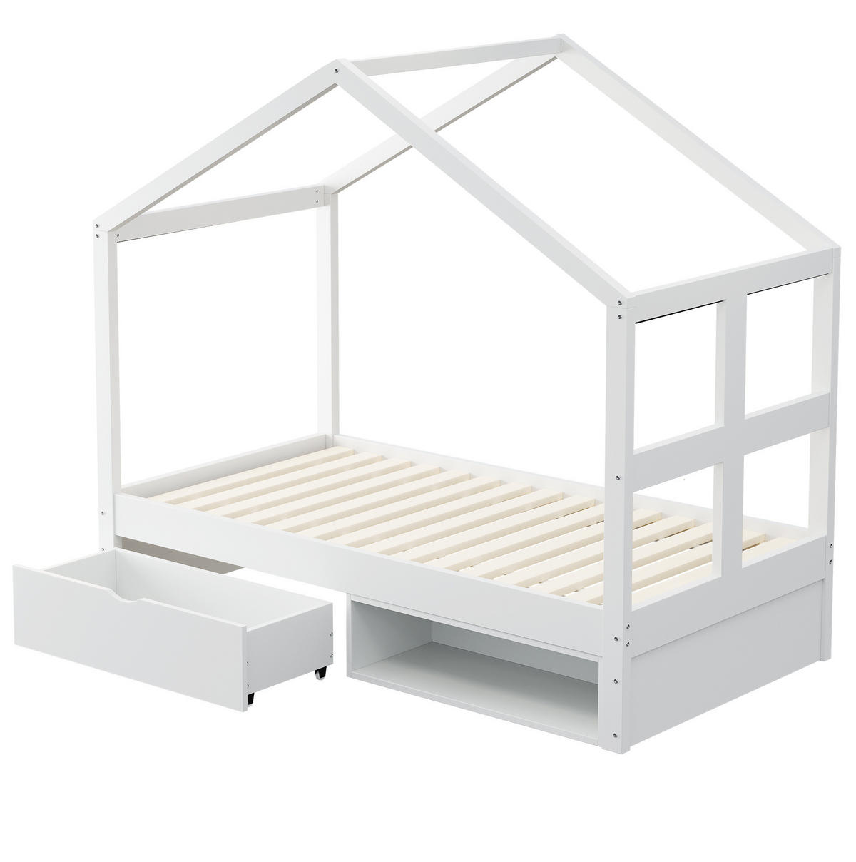 JUGENDBETT 90/190 cm aus Kiefernholz mit Schublade Schuhschrank und LED-Beleuchtung Weiß - Weiß, Holz (90/190cm) - Modenvie