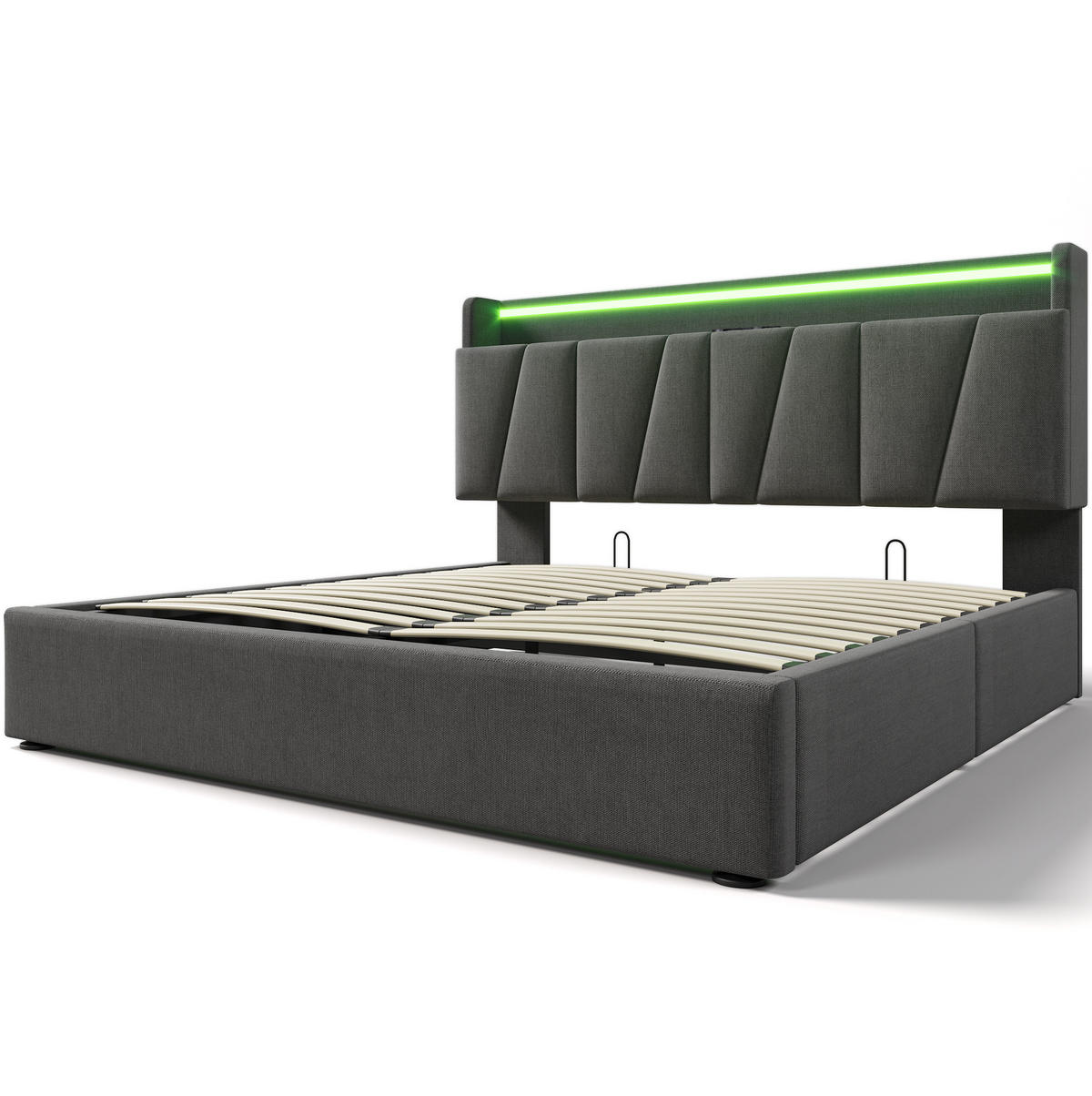 POLSTERBETT aus Leinen 140x200 cm in Grau mit LED & Matratze - Grau, Textil (140/200cm) - Modfu