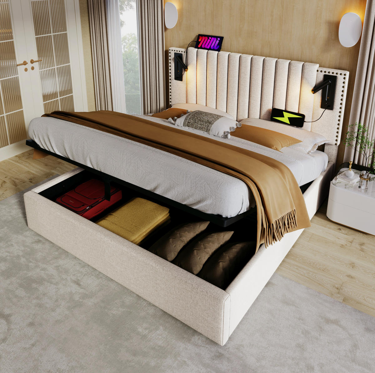 BETT mit Bettkasten 140x200 cm Baumwolle Beige - Beige, Metall (140/200cm) - Meubliv