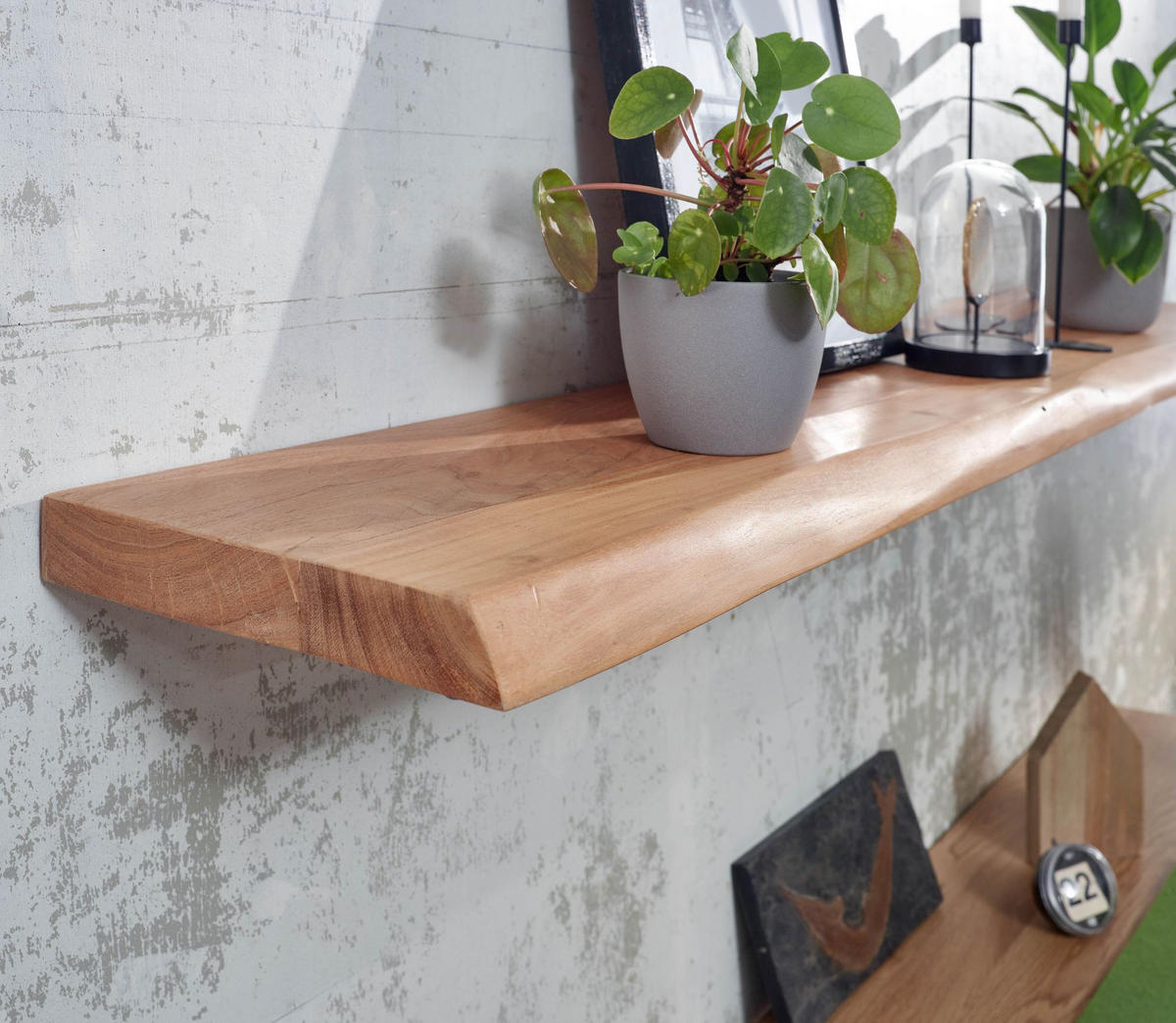 WANDREGAL Akazienholz Baumkante Rustikal, Beige 160x26x4 cm - Beige, Holz (160/4/26cm) - KADIMA DESIGN