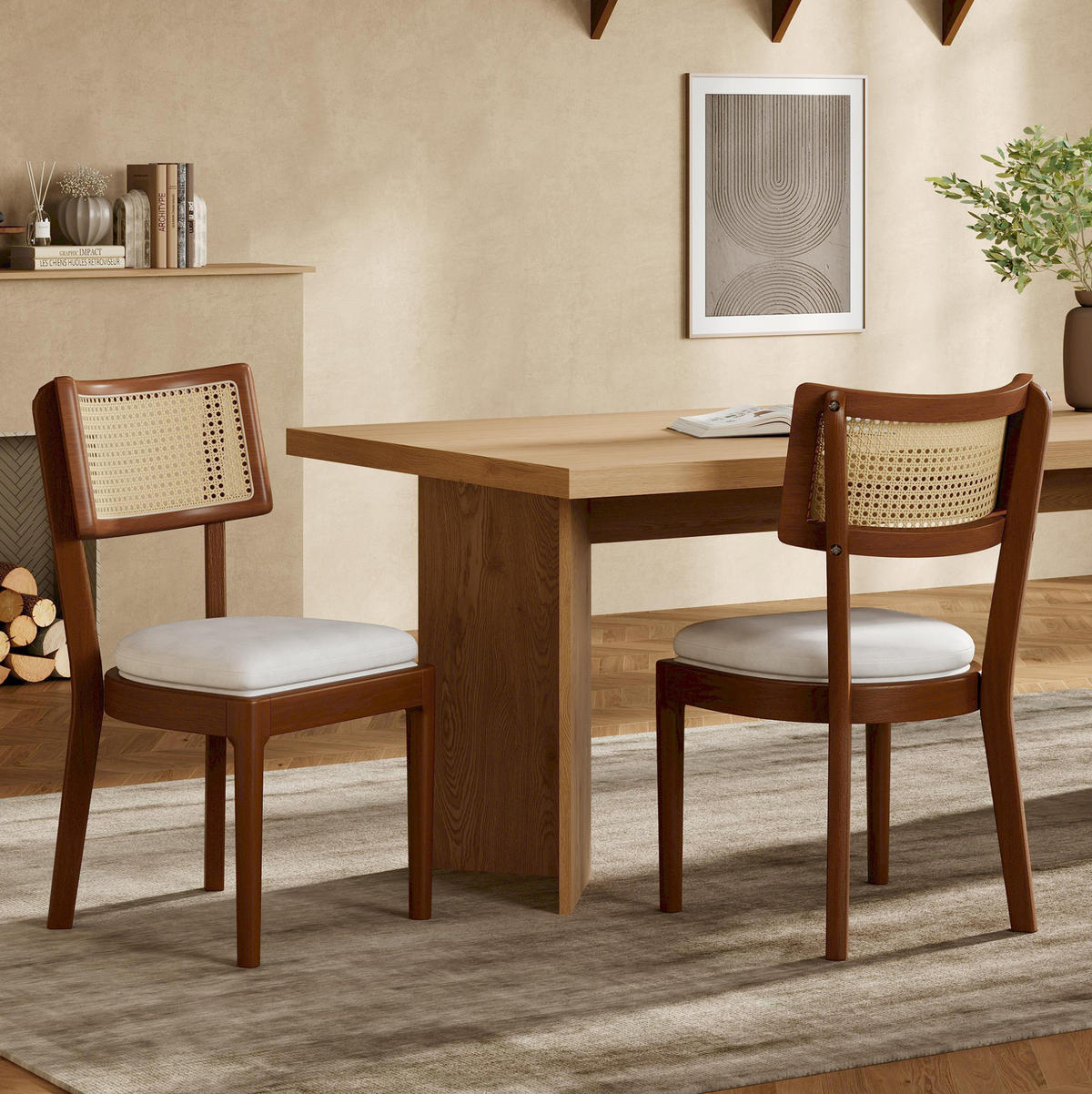 ESSZIMMERSTÜHLE 2er-Set Massivholz mit Rattan-Rückenlehne Leinen Nussbaum - Braun, Holz (58/88/50cm) - Meubliv