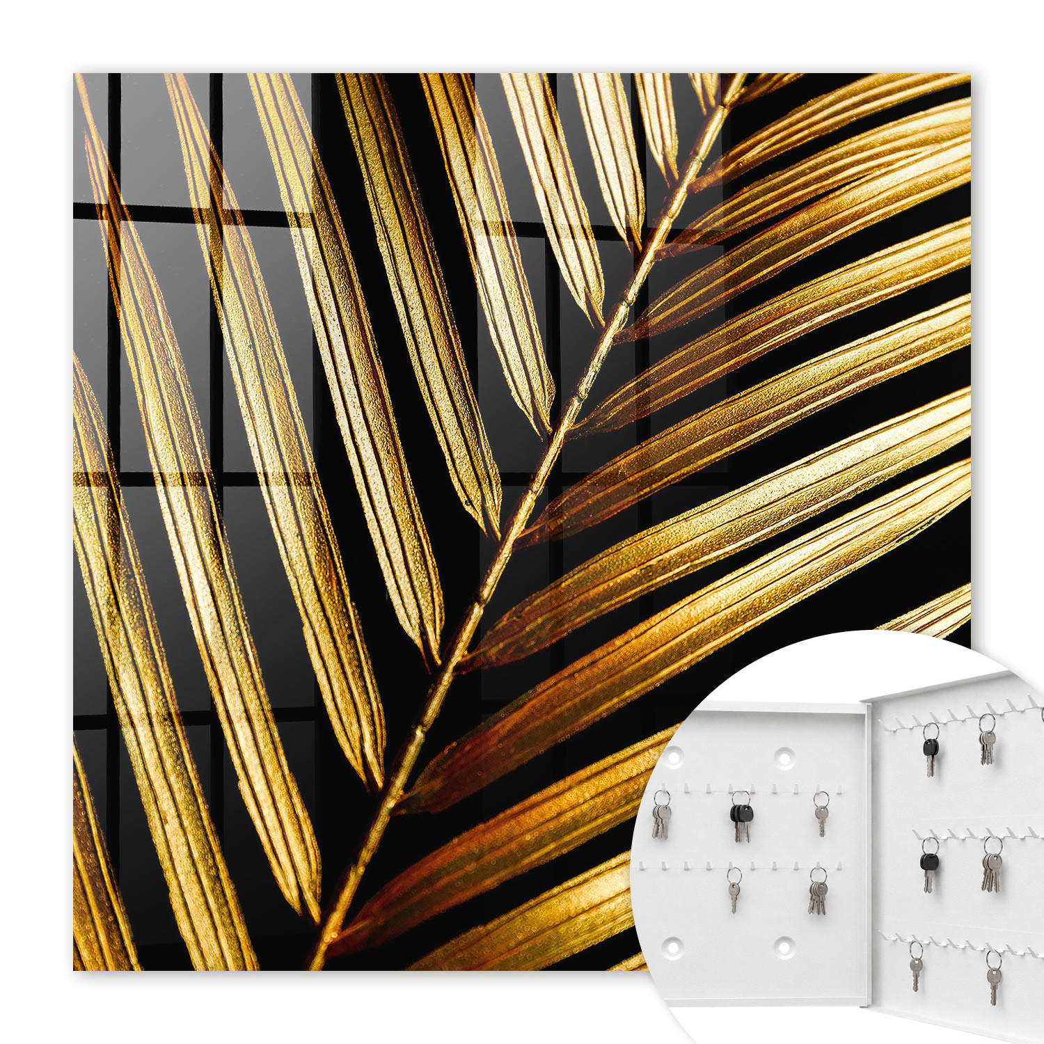 SCHLÜSSELBOX Weiß 30x30 cm – Türöffnung nach rechts - Elegantes Blatt - Schwarz, Metall (30/30/5cm) - TULUP