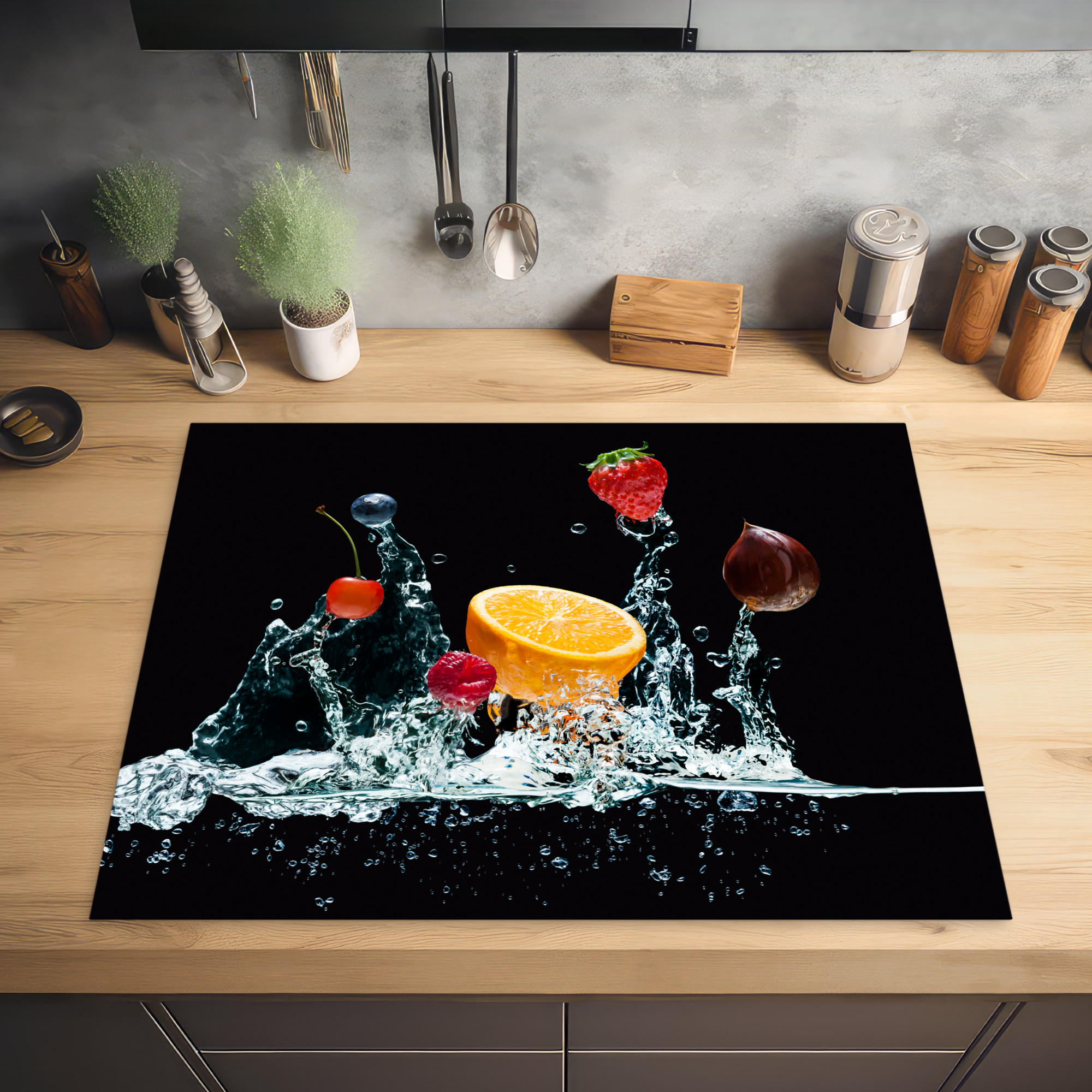 HERDABDECKPLATTE Wasser - Obst - Orange - Erdbeere - Kirsche - Schwarz 77x59 cm - Orange, Kunststoff (77/0.2/59cm) - MuchoWow