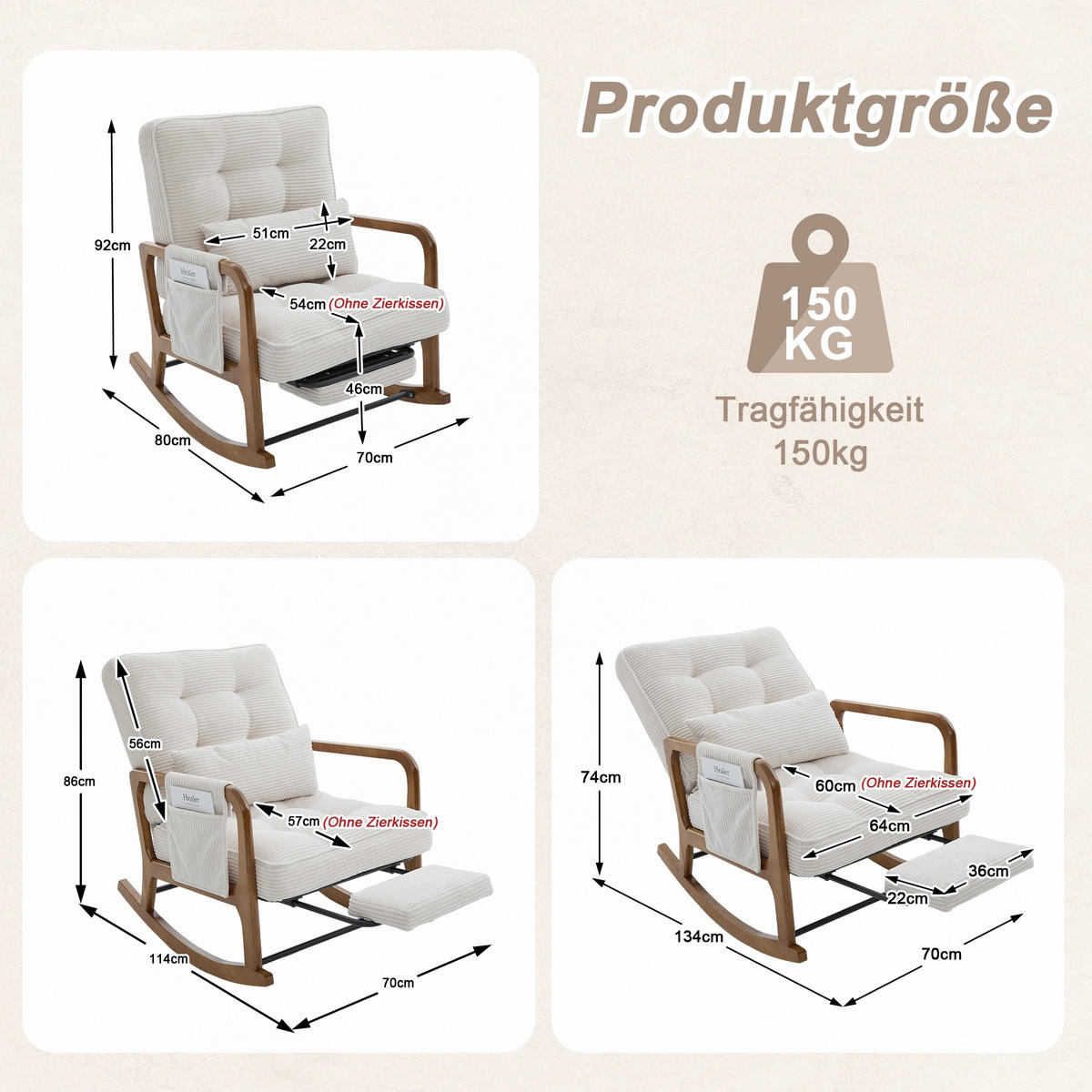 SCHAUKELSTUHL Beige Cord mit Fußstütze, Seitentaschen und verstellbarer Lehne - Beige, Textil (80/92/70cm) - Oxeza