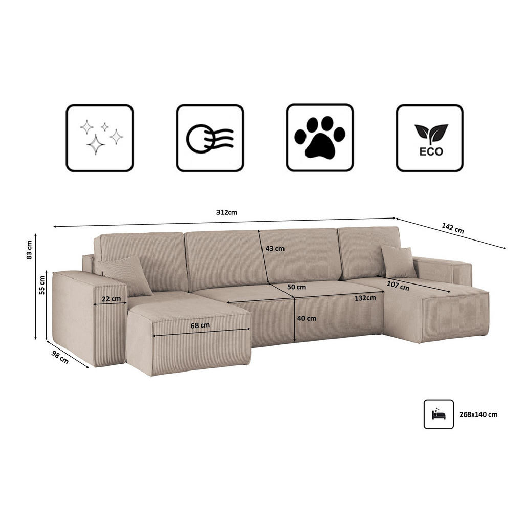 Thumbnail - Kaiser Möbel Ecksofa, Beige, Braun, Textil, 5-Sitzer, U-Form, 312x142 cm, Wohnzimmer, Sofas & Couches, Wohnlandschaften,...