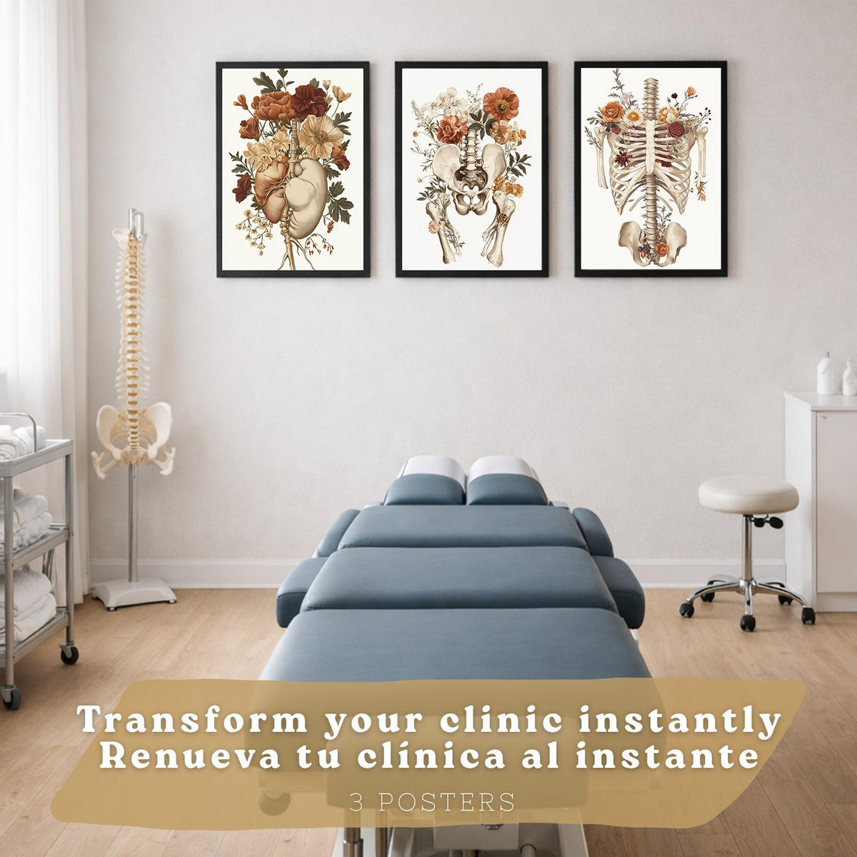POSTER Set aus 3 Anatomie Mensch Florale Vintage Drucke und Wandbilder mit Herz Brustkorb und Becken Wanddekoration Größe Schwarzer Rahmen A4 - Schwarz, Papier (21/29.7/3cm) - Nacnic