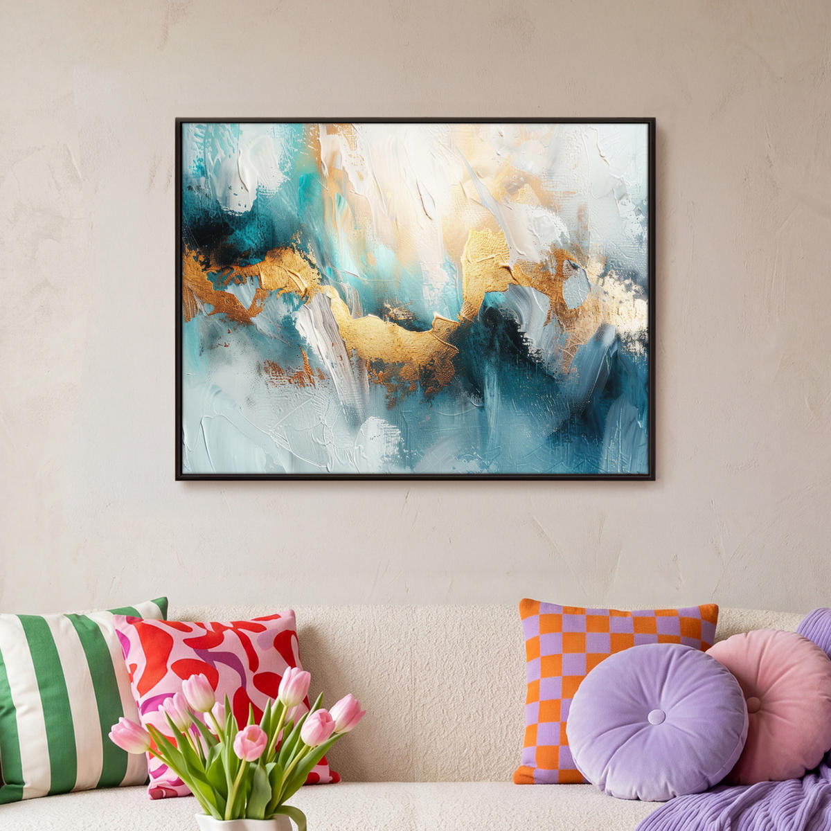 LEINWAND Bilder mit Rahmen - Abstrakt - Kunst - Gold - Blau - 70x50 - Petrol, Textil (70/50cm) - MuchoWow