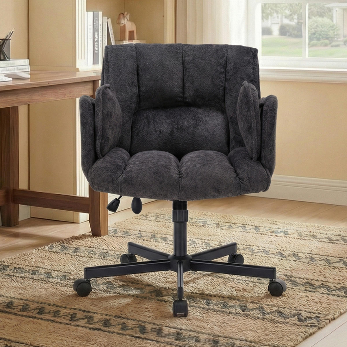 DREHSTUHL DE-40928 mit klappbaren Armlehnen und Lendenluftkissen Schwarz - Schwarz, Metall (60/86/68cm) - ComfortXL