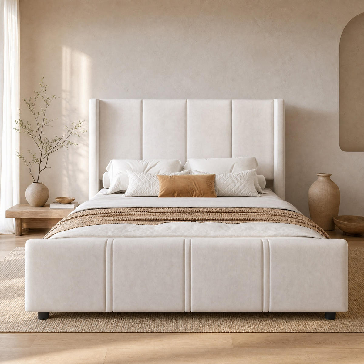 POLSTERBETT 140/200 cm in Beige Samt mit USB und hohem Kopf- & Fußteil - Beige, Holzwerkstoff/Textil (140/200cm) - CHICFURN