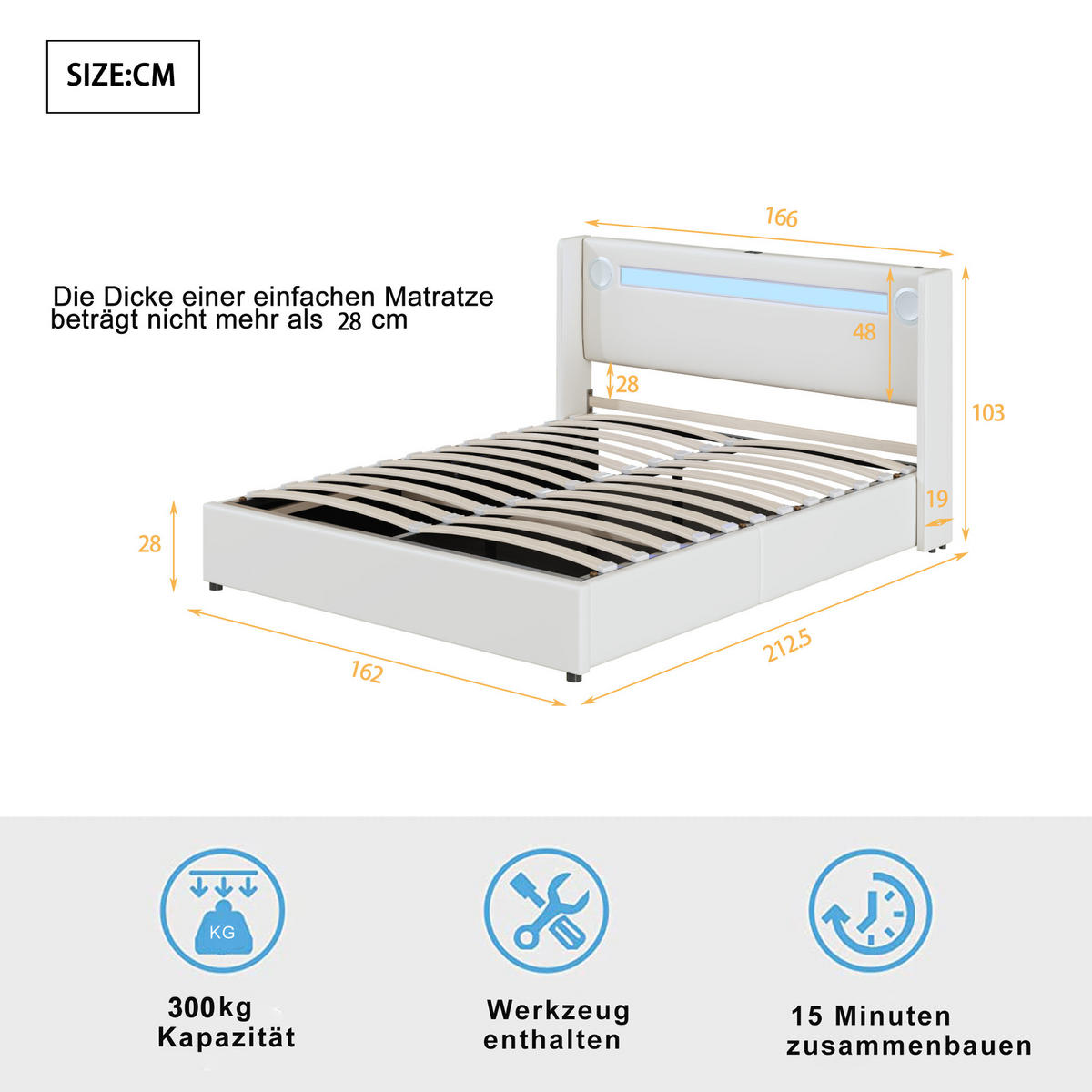 POLSTERBETT 160/200 cm mit LED-Lichtleiste, Bluetooth-Lautsprecher, USB-Anschlüssen und hydraulischem Stauraum, Weiß - Weiß, Kunststoff (160/200cm) - Redom