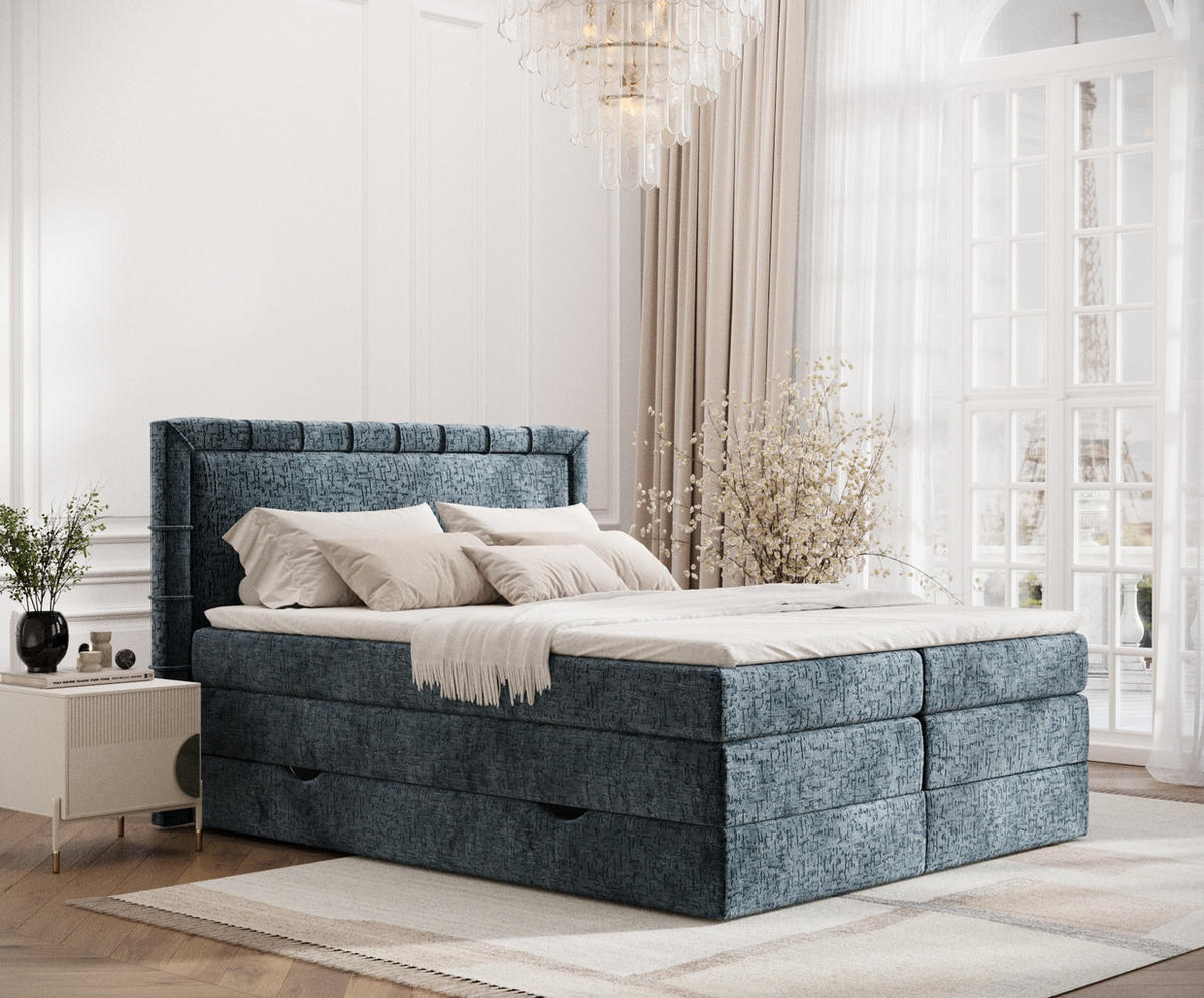 BOXSPRINGBETT Rosabel Blau Grau 180/200 cm mit Matratze und Topper - Blaugrau/Schwarz, Holz/Holzwerkstoff (180/200cm) - Maison de Reve