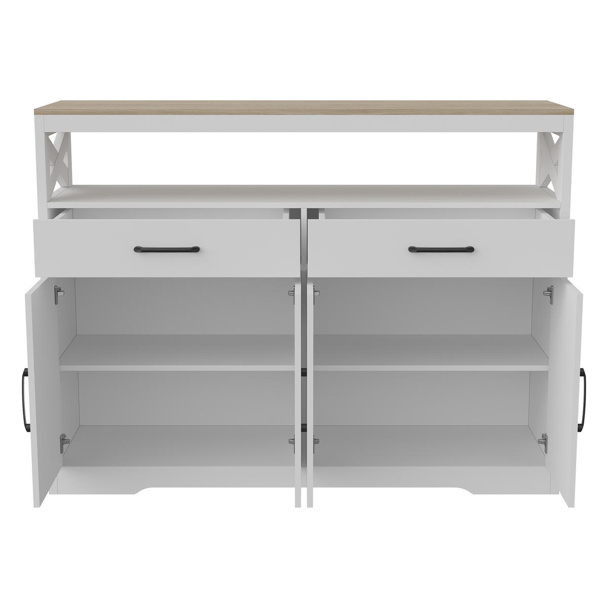 SIDEBOARD 140 cm, Skandinavischer Stil mit Kreuzdekoration, 2 Schubladen, 4 Türen und offenen Regalen, Weiß - Weiß, Holzwerkstoff (140/40/105cm) - Waldena