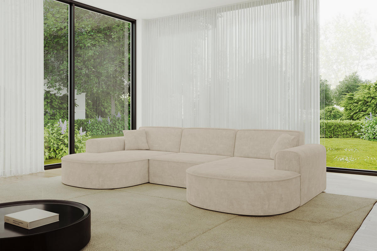 WOHNLANDSCHAFT MARI-U1 - 303x171x79 cm Beige Velours - Beige/Schwarz, Holzwerkstoff/Kunststoff (303/79/171cm) - ALTDECOR