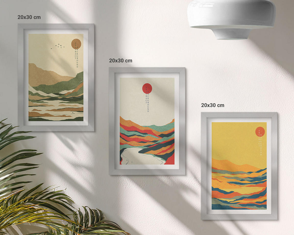 BILDER SET 3er Set - 20x30 cm Silberner Rahmen - Farbenfrohe Muster der Japandi-Flussberge - Silberfarben, Kunststoff (20/30cm) - TULUP