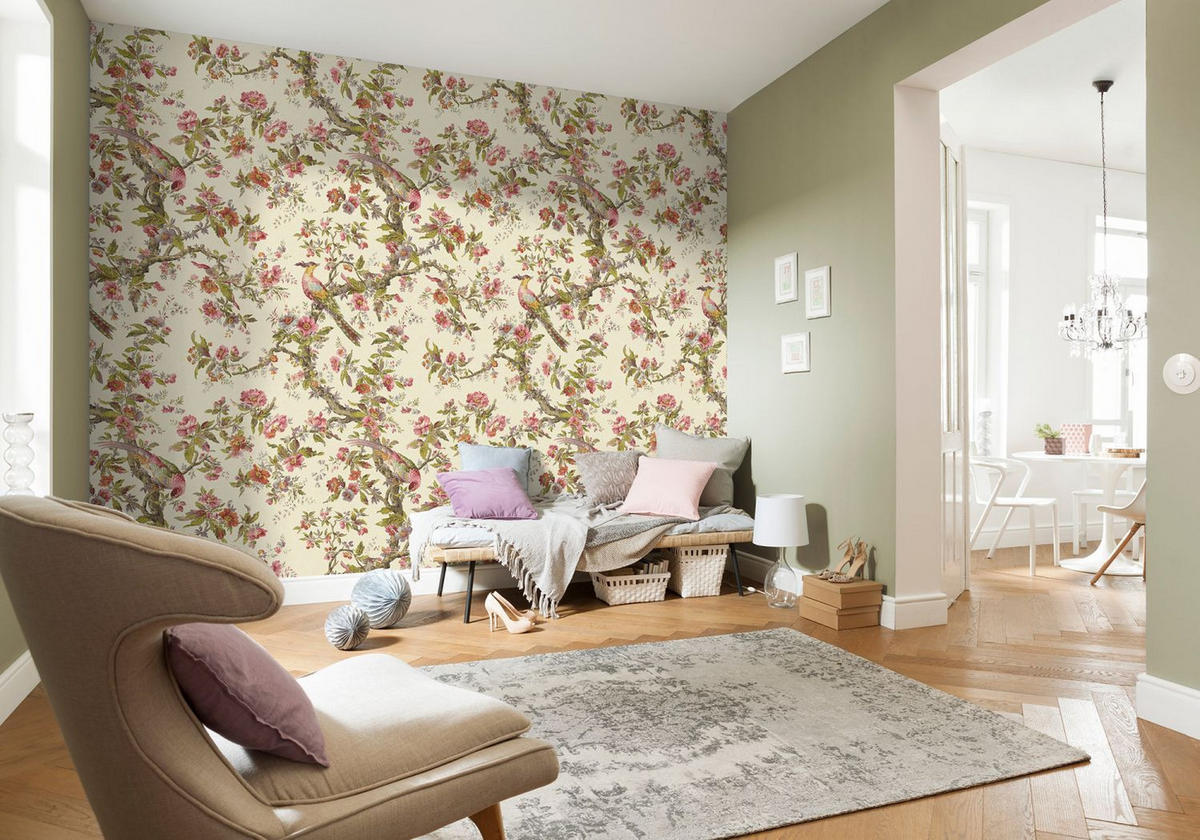 FOTOTAPETE Blumen und Vögel 400 x 280 cm - Beige, Papier (400/280cm) - Sanders & Sanders