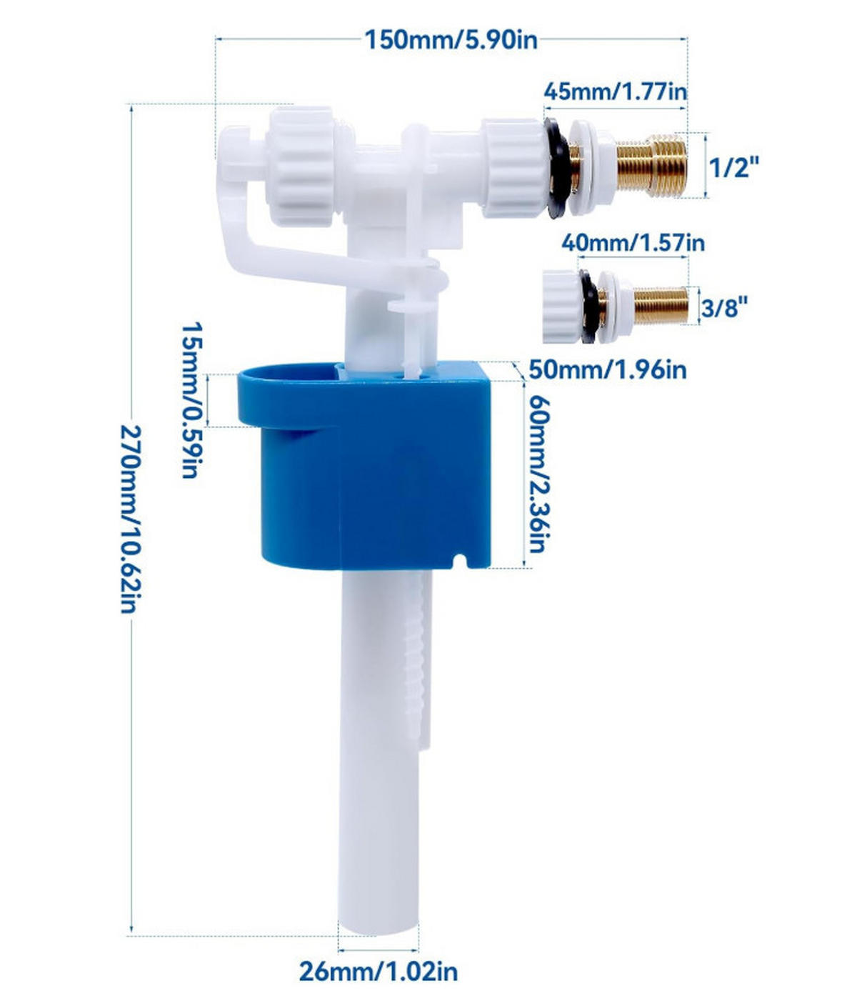 SPÜLMECHANISMUS – Messing-Gewindeanschluss (Dual-Use: 1/2" & 3/8") - Blau, Kunststoff (25/6/18cm)