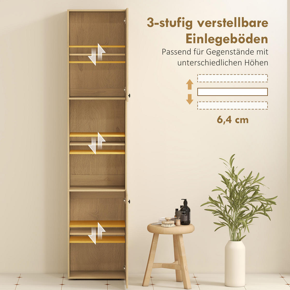 BADEZIMMERSCHRANK hoch schmal mit 2 Türen Verstellbaren Ablagen offenen Fächern - Eichefarben/Schwarz, Holzwerkstoff/Kunststoff (31/182/40cm) - HOMCOM