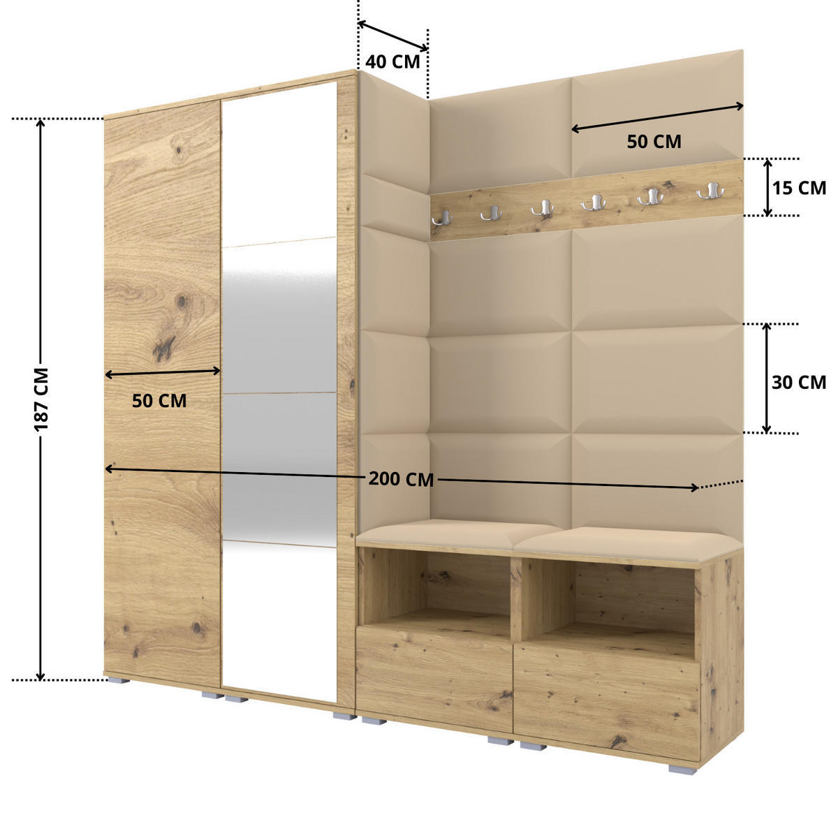 GARDEROBE NELA VI 200 cm (Kompaktgarderobe Artisan Eiche mit Spiegel & Sitzpolster Beige 04 Schrank & Paneel) - Beige/Silberfarben, Holz/Holzwerkstoff (200/187/40cm) - Ravio
