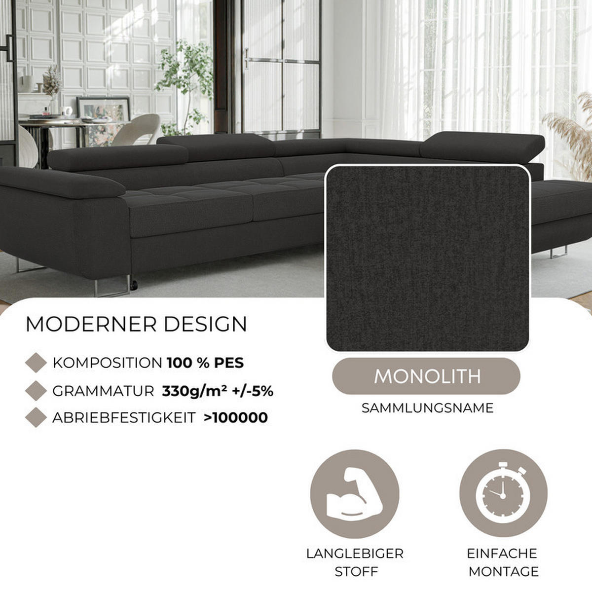ECKSOFA ANTON rechts, mit Schlaffunktion und Bettkasten Anthrazit - Anthrazit, Holzwerkstoff/Kunststoff (274/203cm) - Idohome