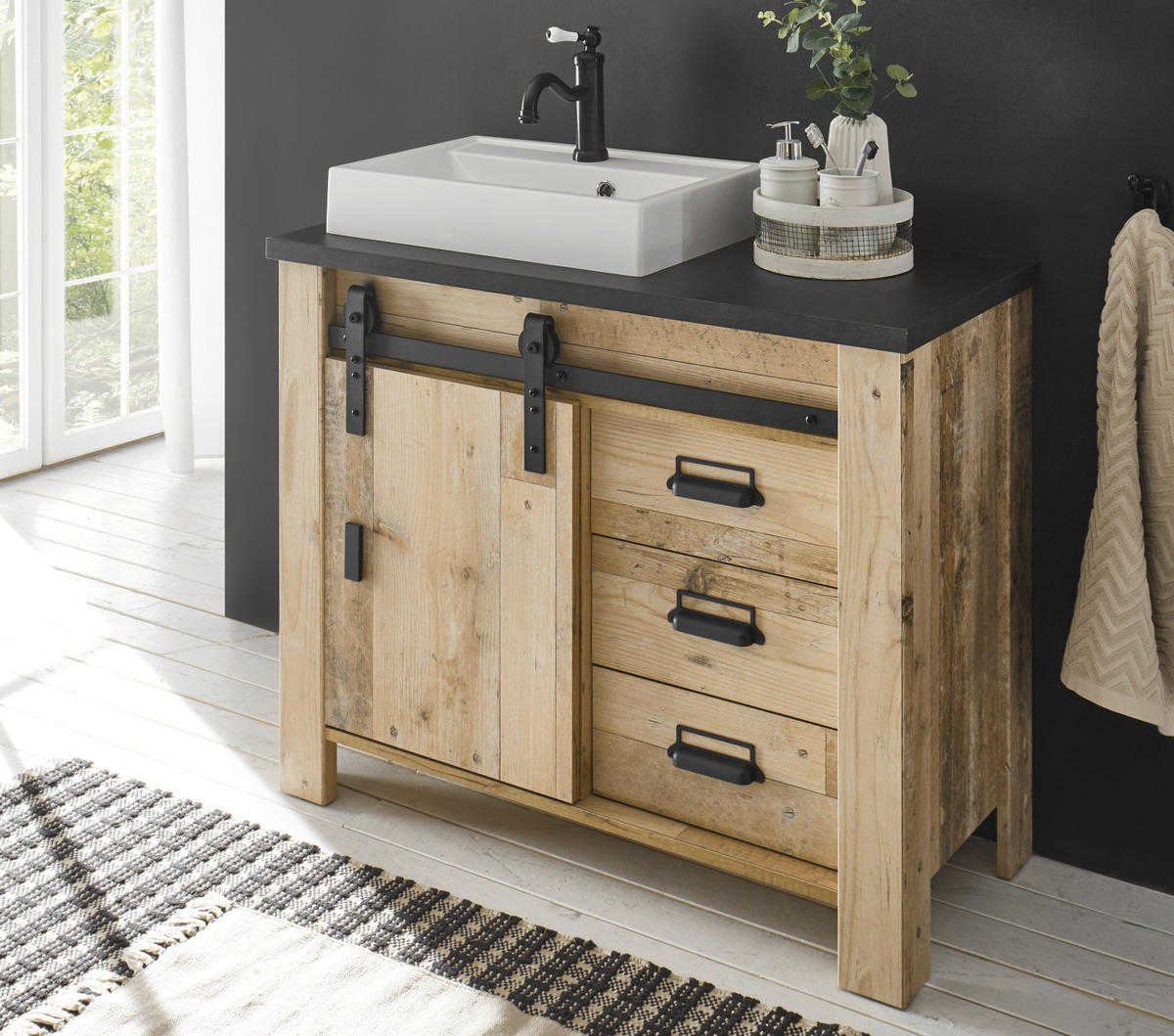 WASCHBECKENUNTERSCHRANK Waschbecken, Used Wood hell, anthrazit, Waschtisch 95 cm Stove - Eichefarben/Anthrazit, Holzwerkstoff/Metall (95/81/43cm) - Furn.Design