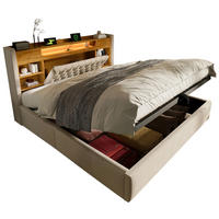 POLSTERBETT aus Leinen 160x200 cm Beige mit hydraulischem Bettkasten, LED, USB-C und Kopfteilregal - Beige, Textil (160/200cm) - Modfu