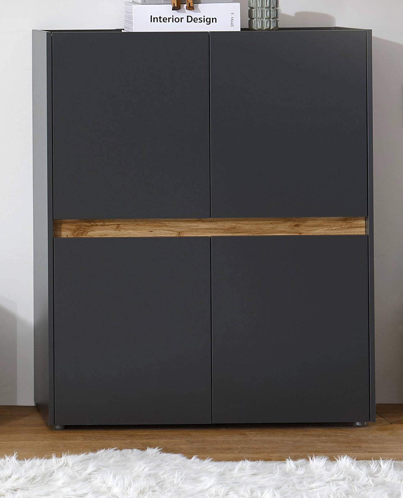 HIGHBOARD grau matt, Eiche Wotan 100 cm, Kommode 4-türig - Eiche Wotan/Grau, Holzwerkstoff/Kunststoff (100/120/40cm) - Furn.Design