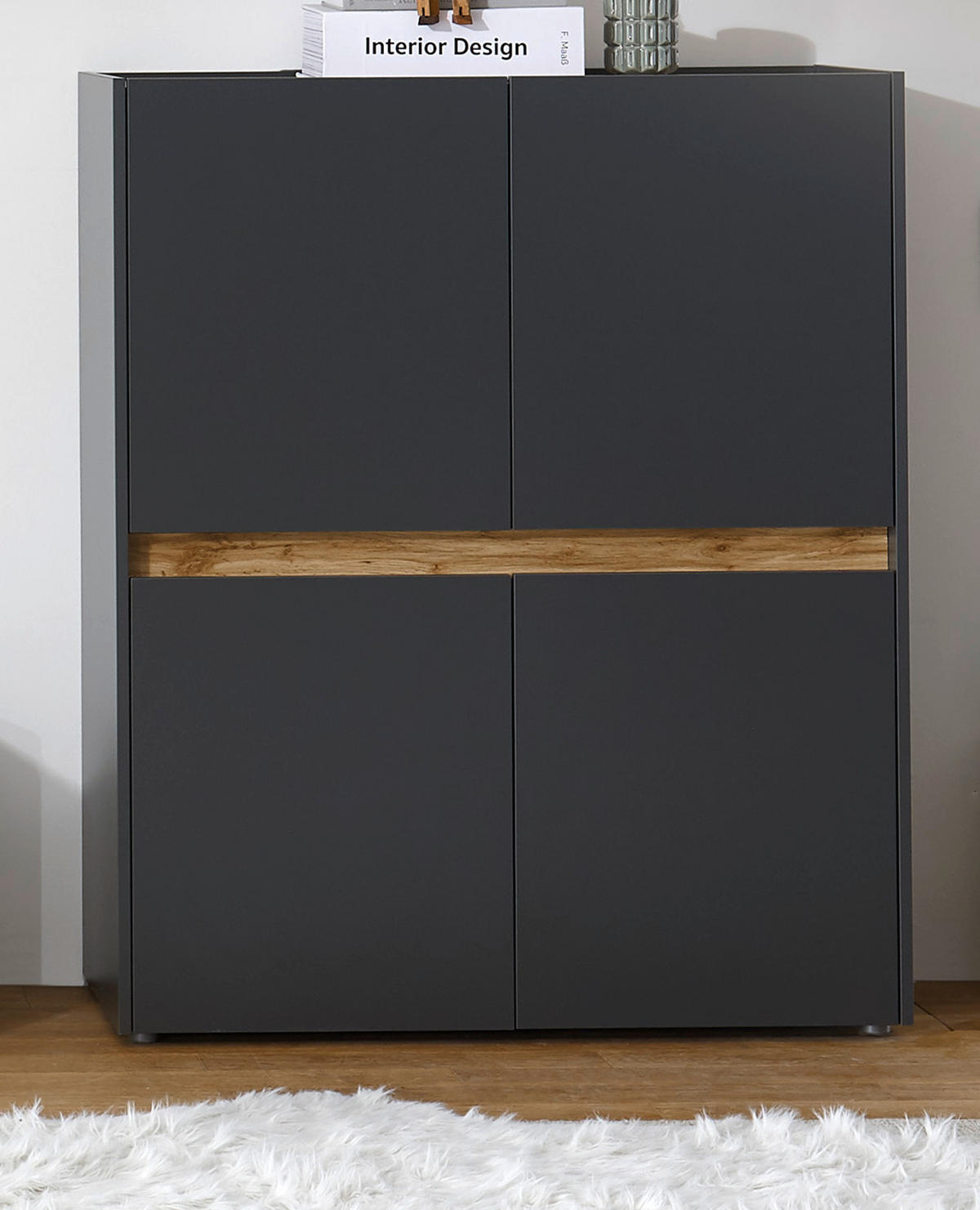AKTENSCHRANK grau matt, Eiche Wotan 100 x 122 cm, Highboard 4-türig mit viel Stauraum - Eiche Wotan/Schwarz, Holzwerkstoff/Kunststoff (100/122/40cm) - Furn.Design