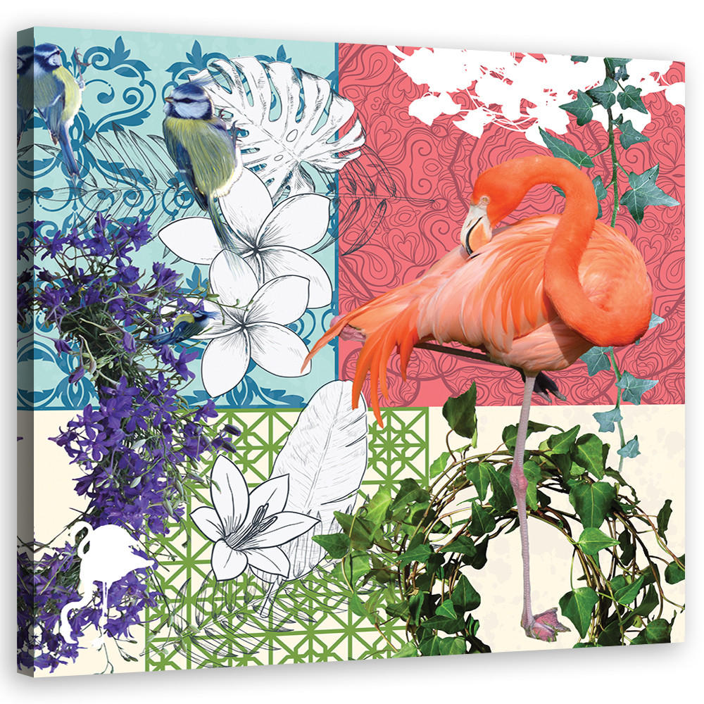 WANDBILD flamingos vögel collage - Multicolor, Textil (50/50cm) - Feeby
