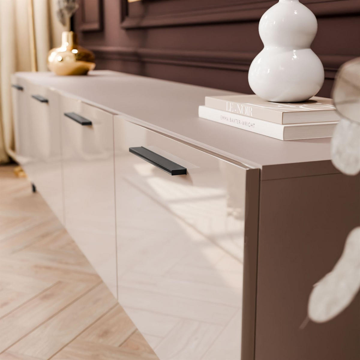 TV-ELEMENT AURA 200 KASCHMIR Hochglanz auf geraden schwarzen Beinen + LED - Kaschmir/Schwarz, Holzwerkstoff (200/50/40cm) - Lookway