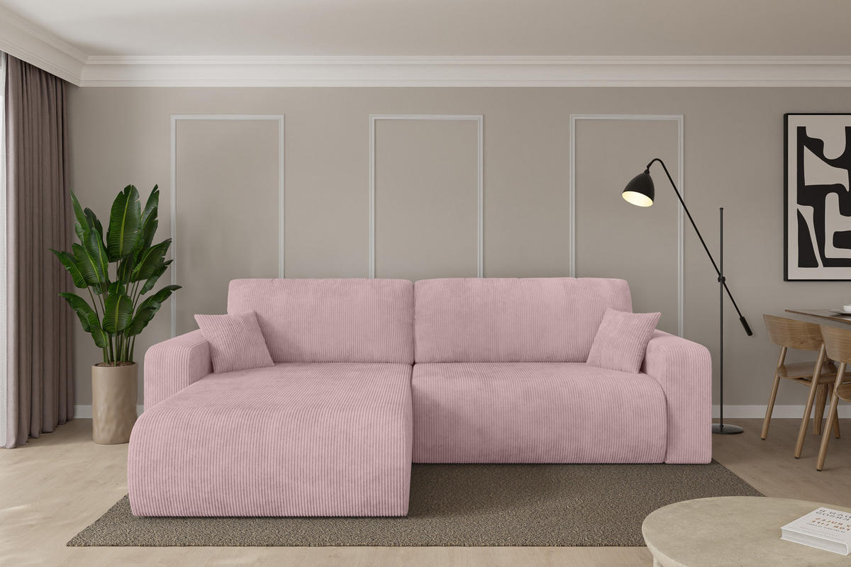 ROHOVÁ SEDAČKA s funkcí spaní, otoman vlevo BERY-L 276x193x88 růžová manšestr - růžová/černá, kompozitní dřevo/textil (276/193cm) - ALTDECOR