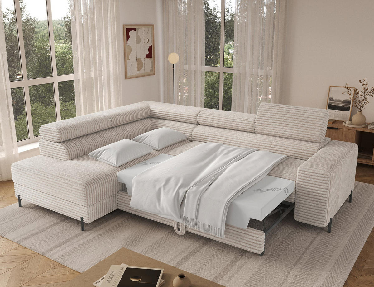 ECKSOFA COLESIO L-Form, Schlaffunktion, Bettkasten, verstellbare Kopfstützen, Wellenfederung, Metallfüße, breiter Cordstoff - Schwarz/Weiß, Kunststoff/Metall (269/204cm) - Wohnideebilder