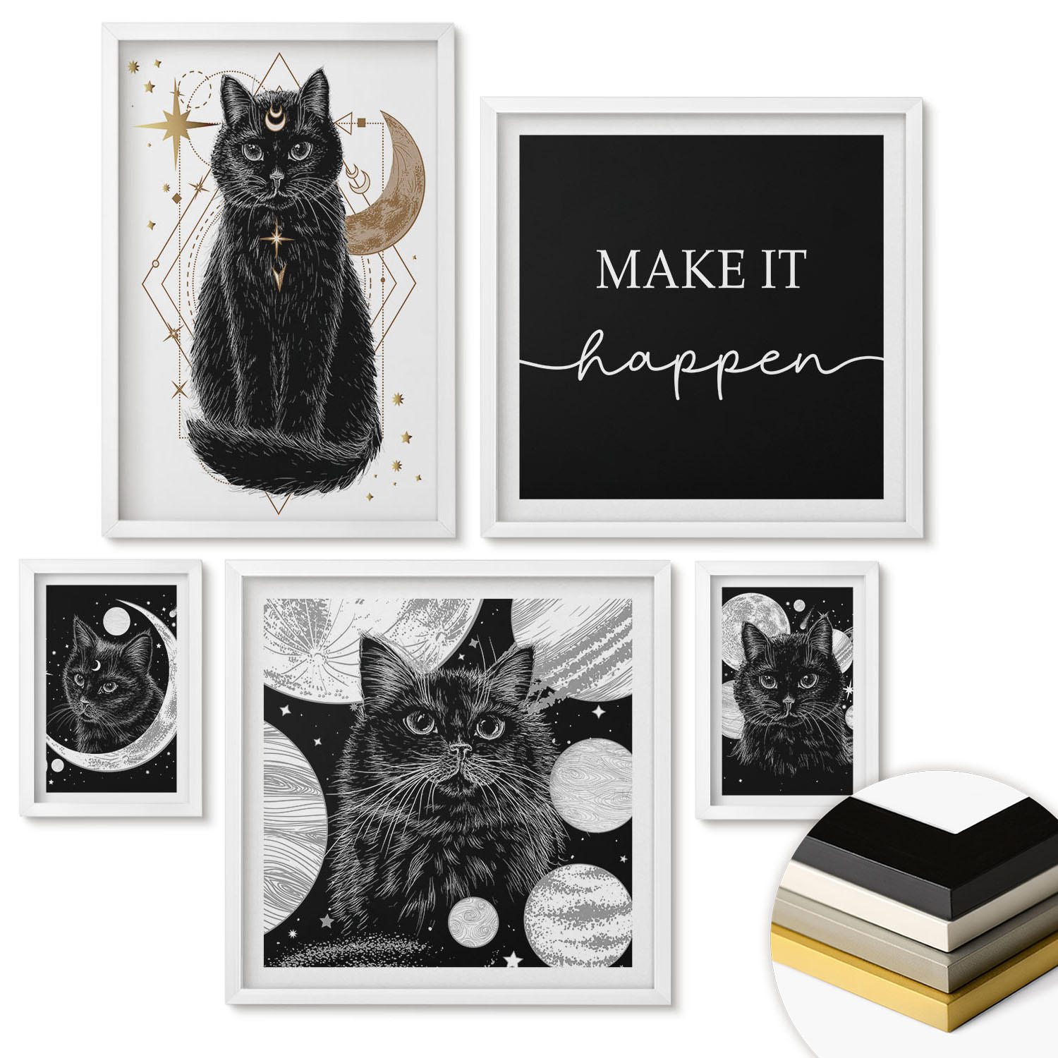 WANDBILDER 5er-Set - 50x50 cm & 20x30 cm & 40x60 cm Weißer Rahmen - Schwarze Katzen, Mond, Planet - Weiß, Kunststoff (40/60cm) - ArtPrintCave
