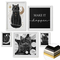 WANDBILDER 5er-Set - 50x50 cm & 20x30 cm & 40x60 cm Weißer Rahmen - Schwarze Katzen, Mond, Planet - Weiß, Kunststoff (40/60cm) - ArtPrintCave