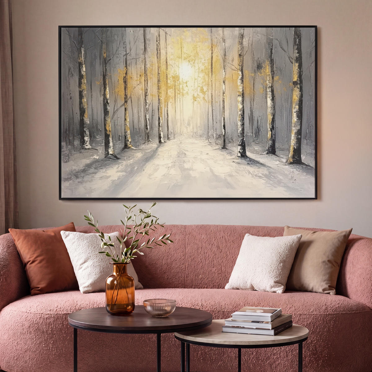 LEINWAND Bilder mit Rahmen - Winter - Abstrakt - Schnee - Natur - Sonne - 120x80 - Grau, Textil (120/80cm) - MuchoWow
