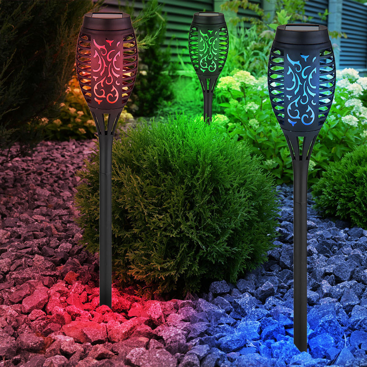 LED AUSSENLEUCHTE Schwarz Solar Feuer-Effekt 4er Set - Schwarz, Kunststoff (7.5/7.5/50.5cm) - Globo Lighting