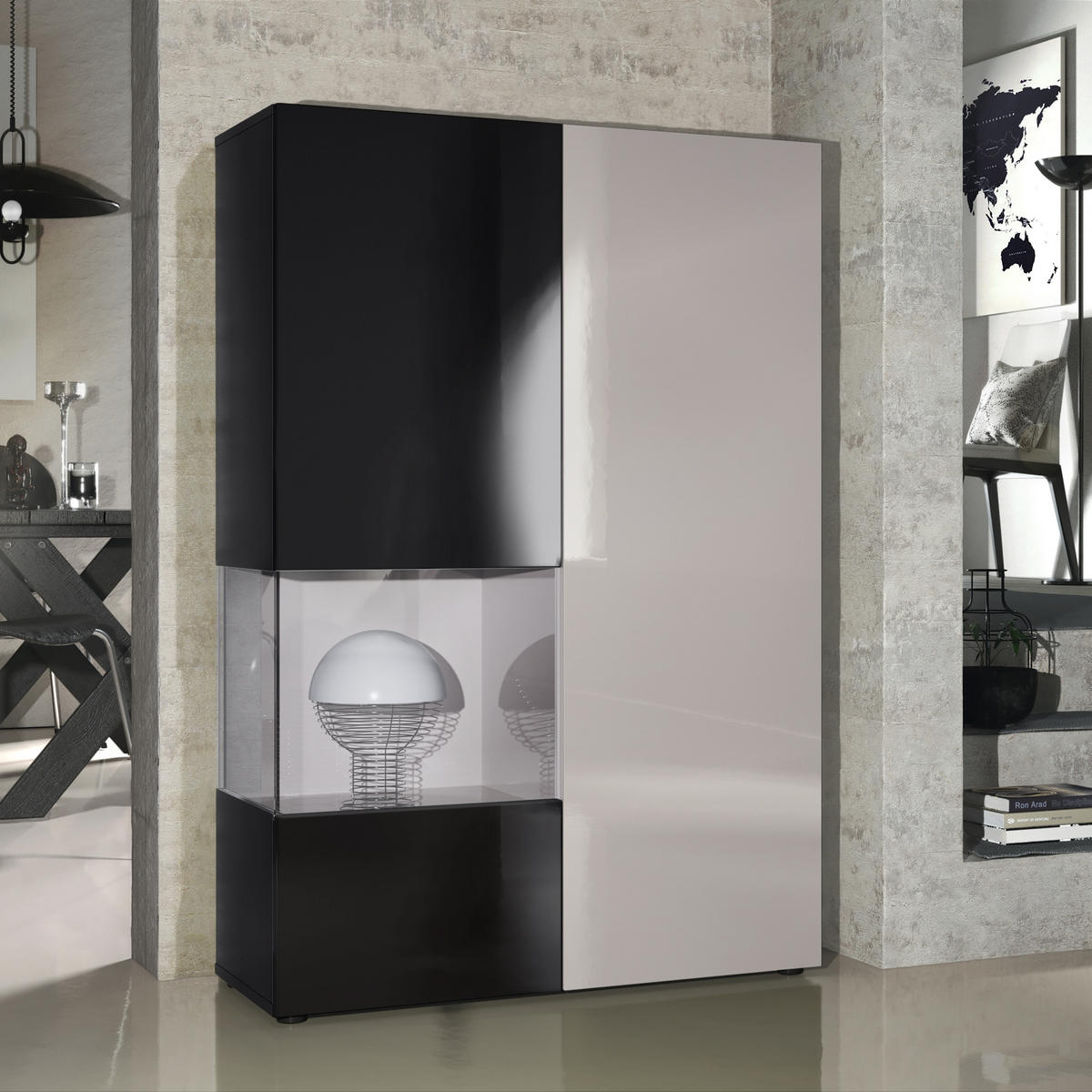 VITRINE Morena Tür und Einsatz in Sandgrau Hochglanz - Sandfarben, Holzwerkstoff (91.5/136.5/37cm) - Vladon