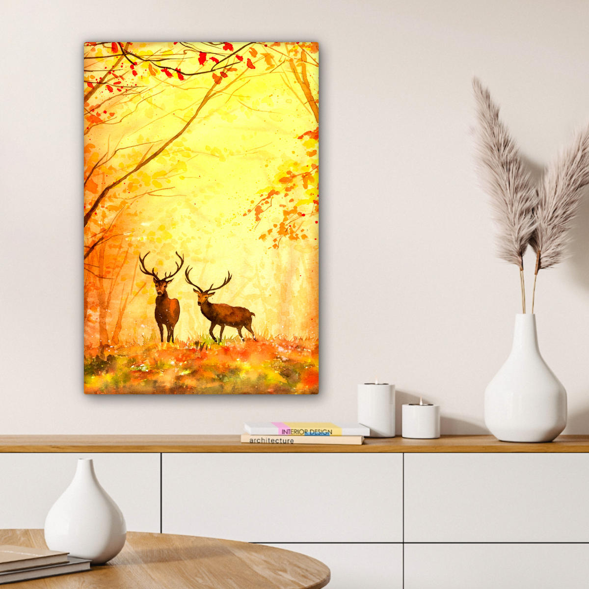 LEINWANDBILD Natur - Ölfarbe - Hirsche - Tiere - Herbst - Orange 60x90 cm - Orange, Textil (60/90cm) - MuchoWow