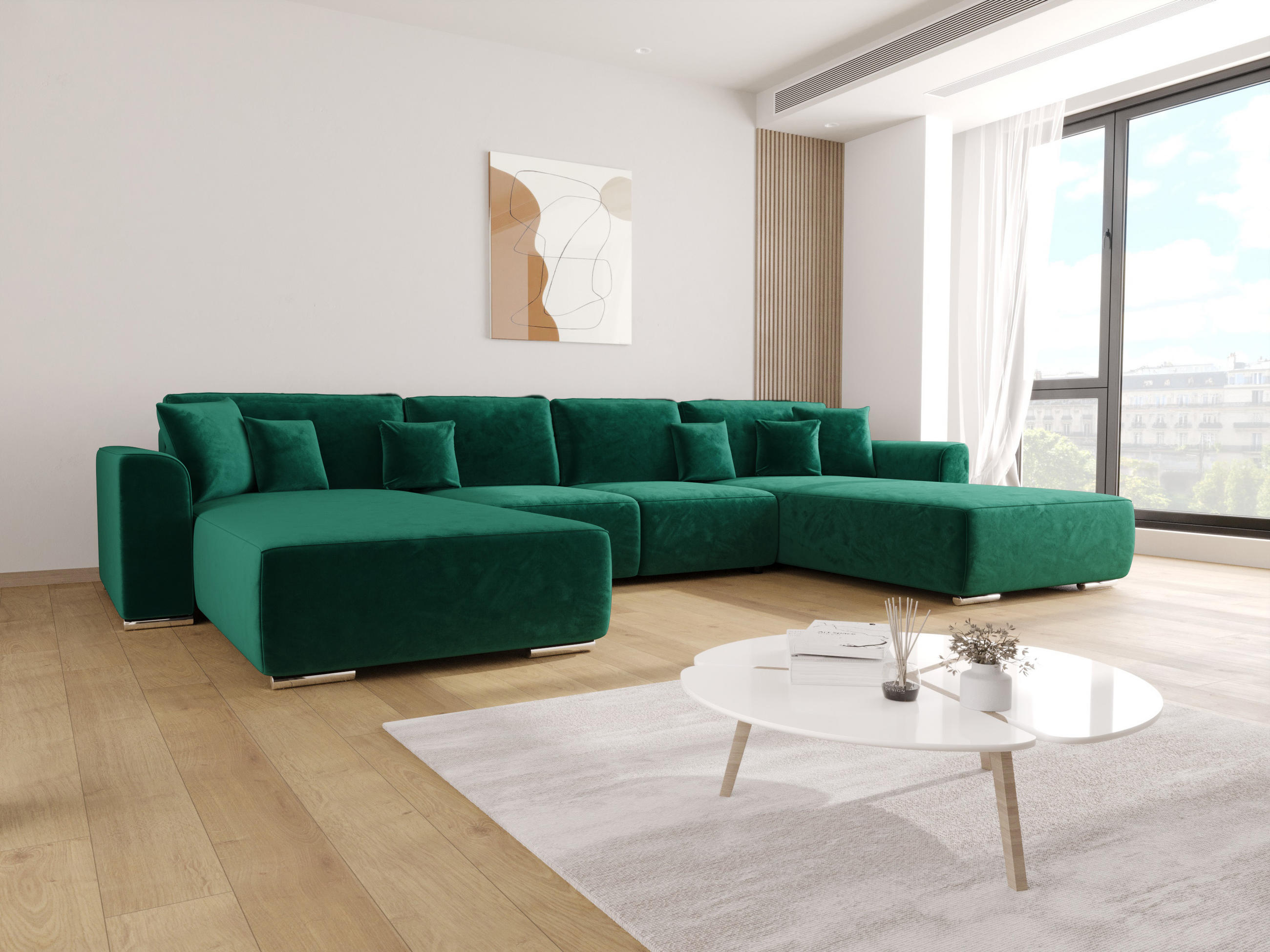 WOHNLANDSCHAFT GUSTO U Monolith 37 mit Schlaffunktion - Grün, Textil (368/85/193cm) - Bedante