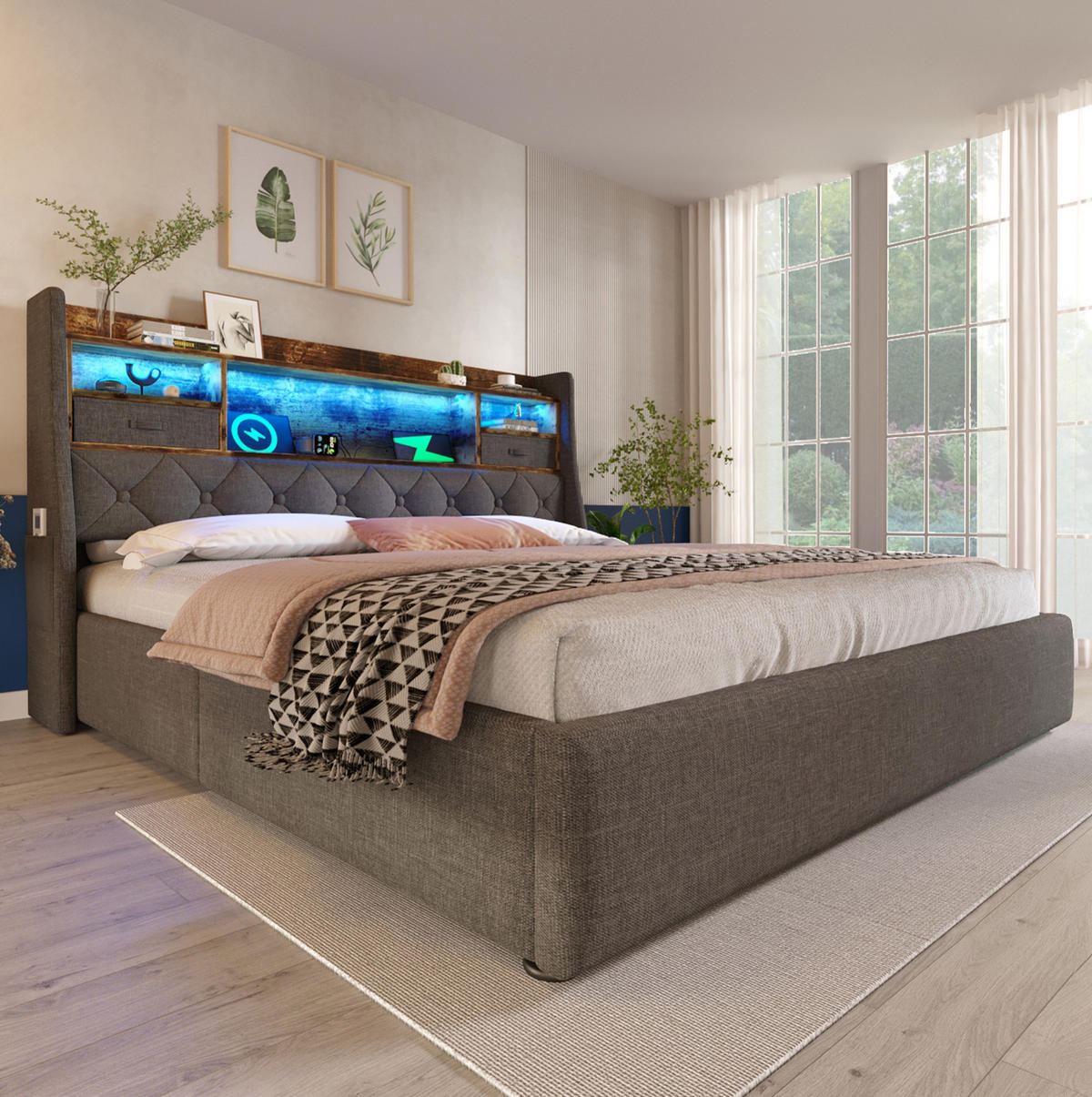 BETT mit Stauraum und LED 140x190 cm Leinen Grau - Grau, Metall (140/190cm) - Meubliv
