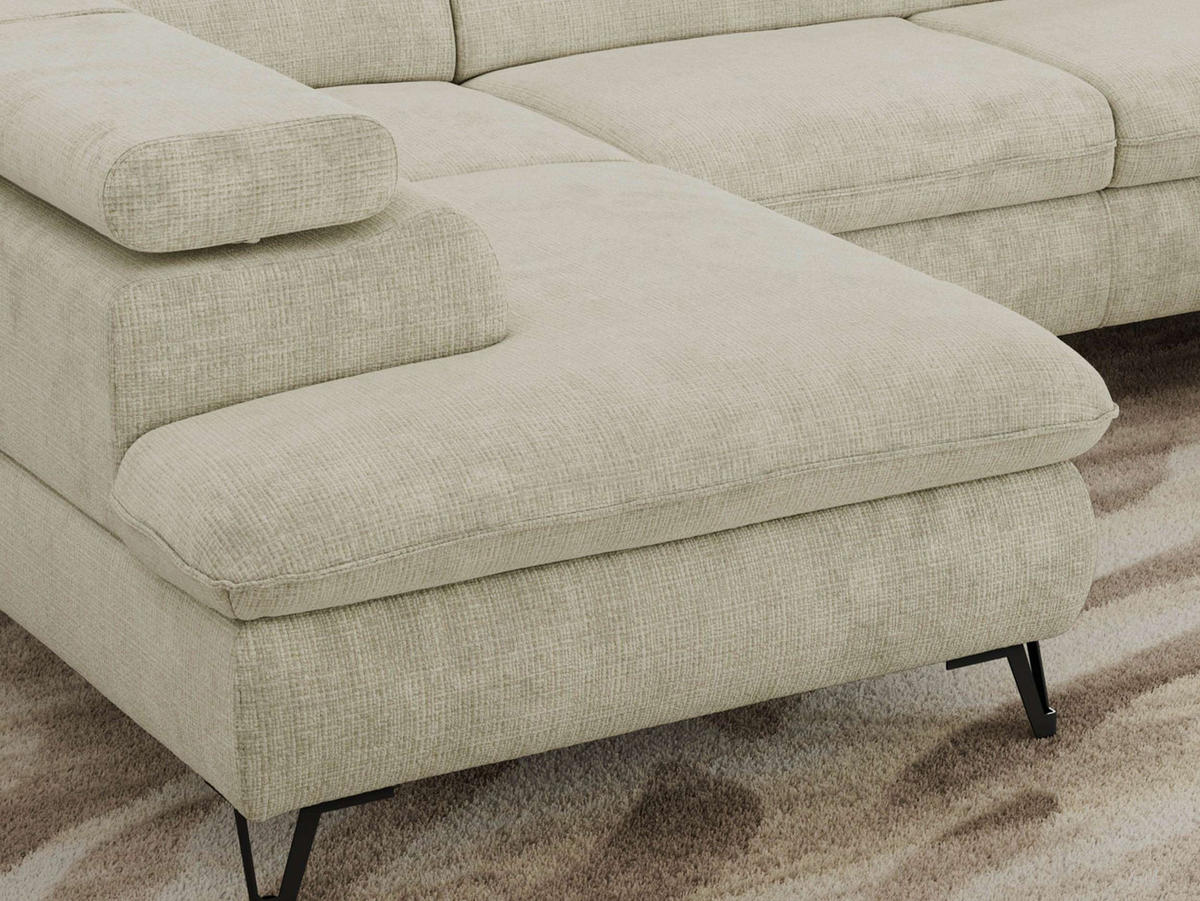 WOHNLANDSCHAFT PABLO U Schenille grob gewebt Creme mit Topper T25 - Creme/Schwarz, Textil/Metall (346/76/208cm) - MKS