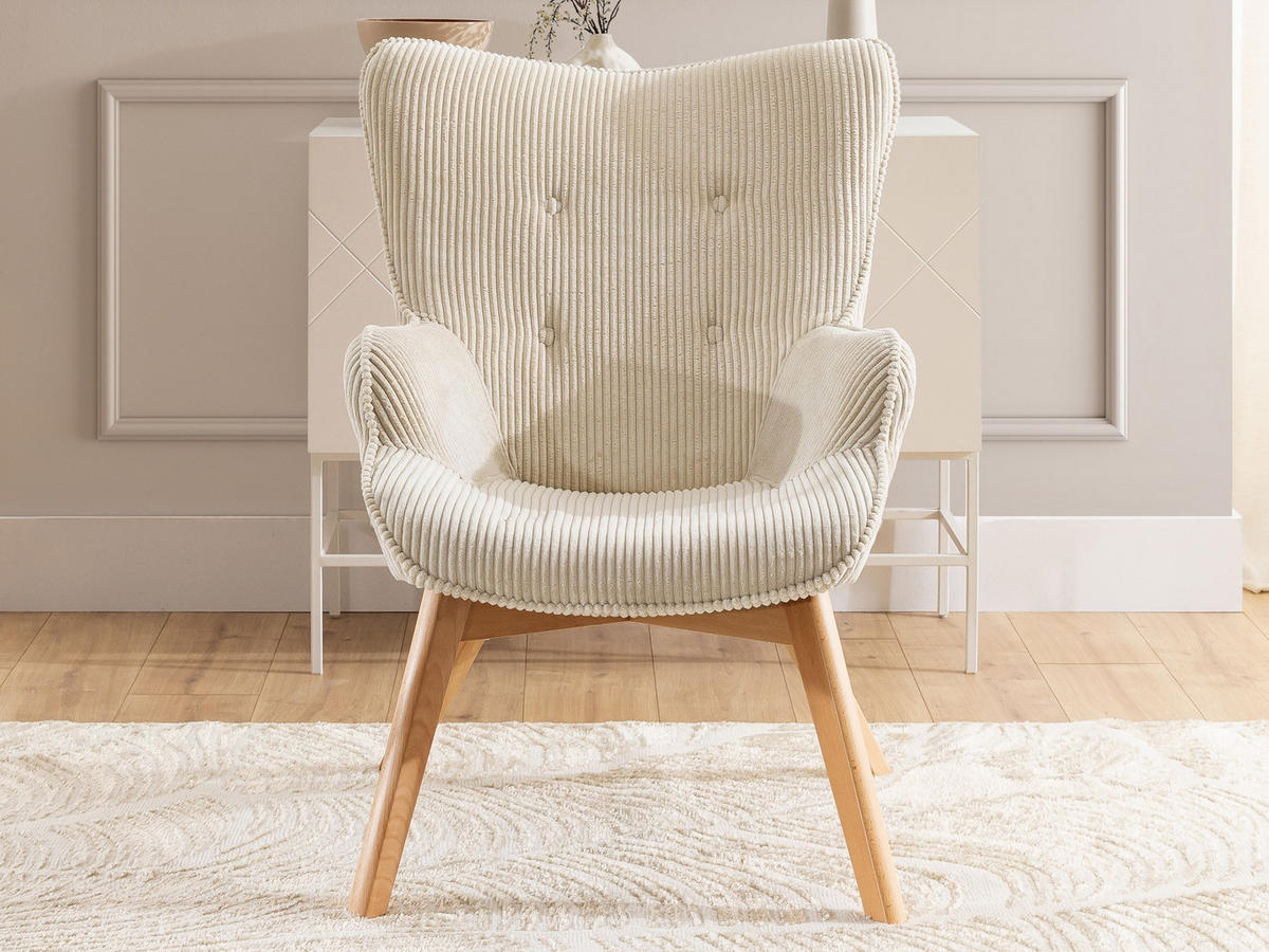 LOUNGESESSEL mit Fußhocker Lenari Beige Cordstoff mit Füßen in Natur - Beige/Naturfarben, Holz/Textil (71/96/86cm) - S-Style Möbel