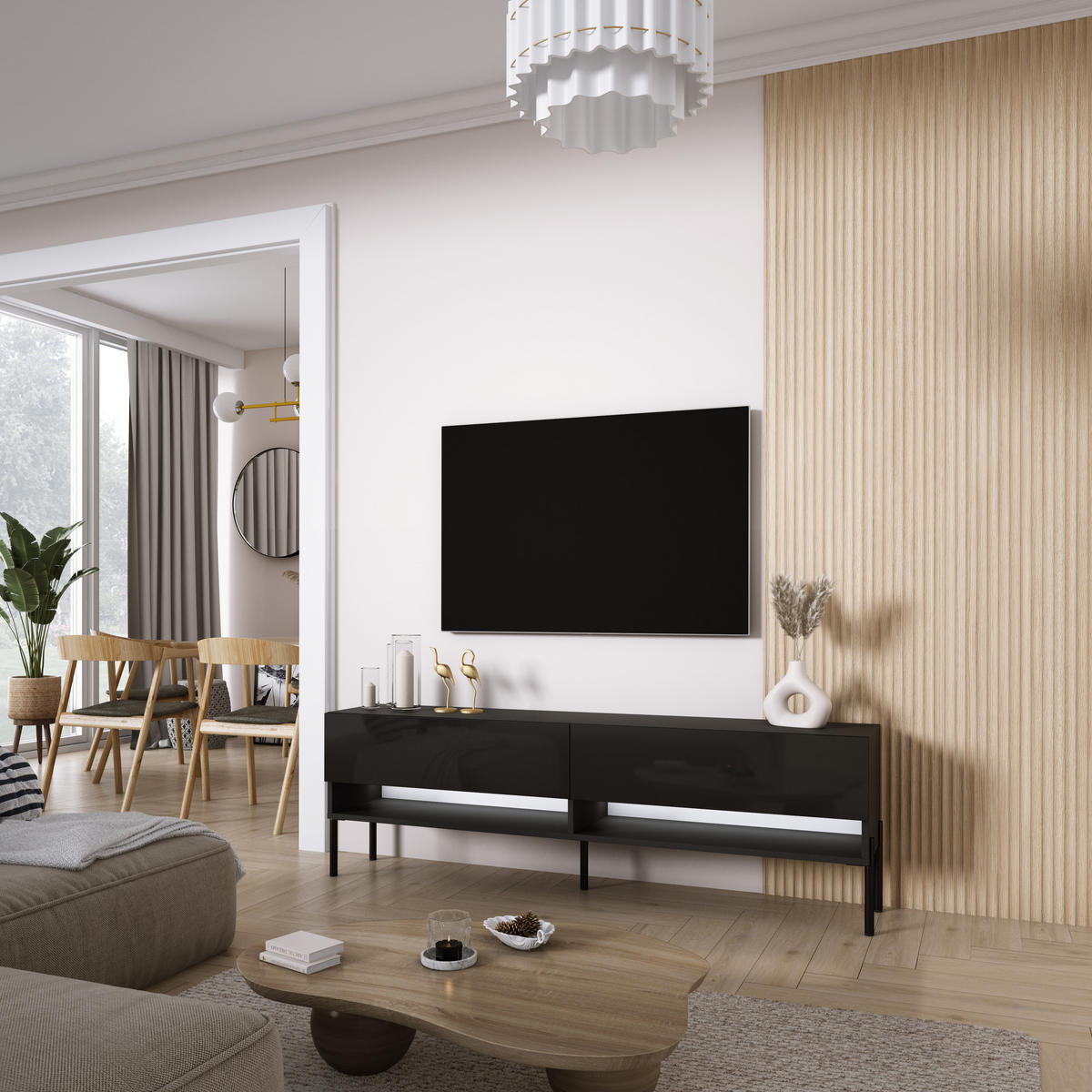 TV-LOWBOARD 170 cm Mattschwarz / Hochglanzschwarz, gerade schwarze Beine, weiße LED, 170 × 32 × 52 cm - Schwarz, Holzwerkstoff (170/52/32cm) - 3XE LIVING