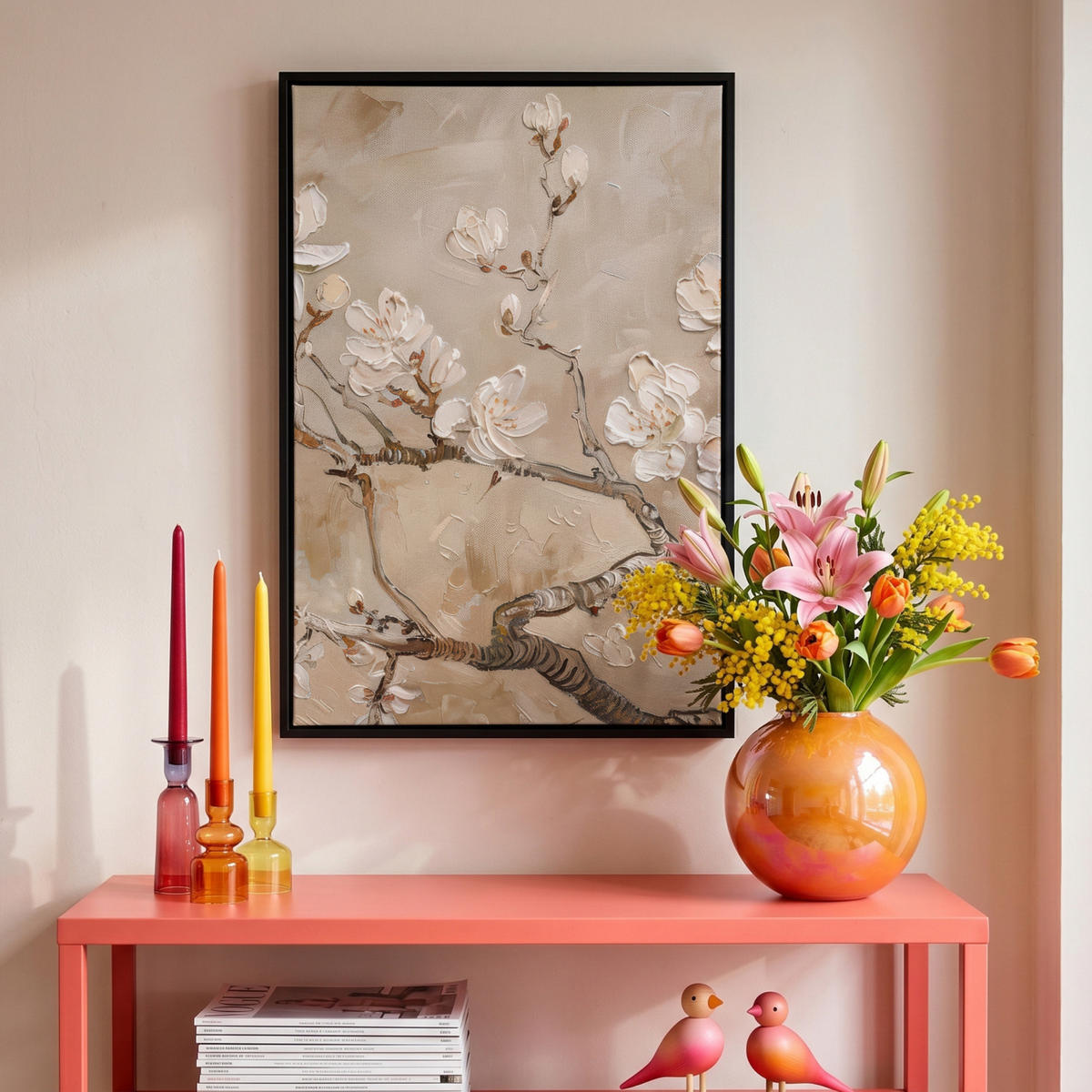 LEINWAND Bilder mit Rahmen - Blumen - Modern - Beige - Weiß - Blüte - 40x60 - Beige, Textil (40/60cm) - MuchoWow