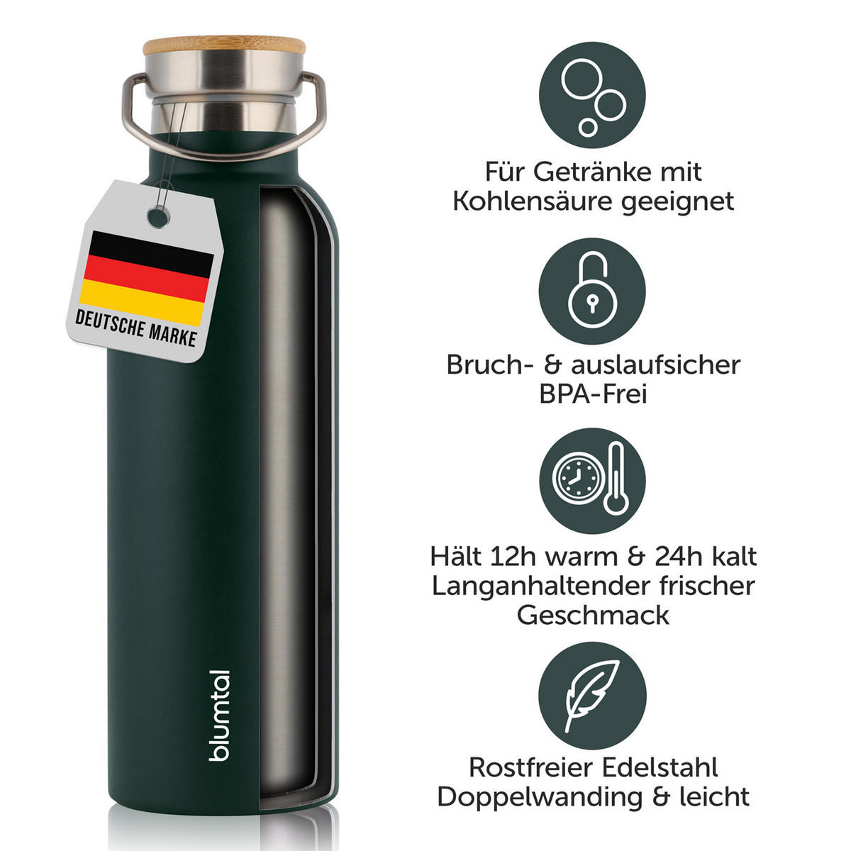 TRINKFLASCHE Leni 750 ml, inkl. Teesieb und Sportdeckel - Dunkelgrün, Metall (0.75L) - Blumtal