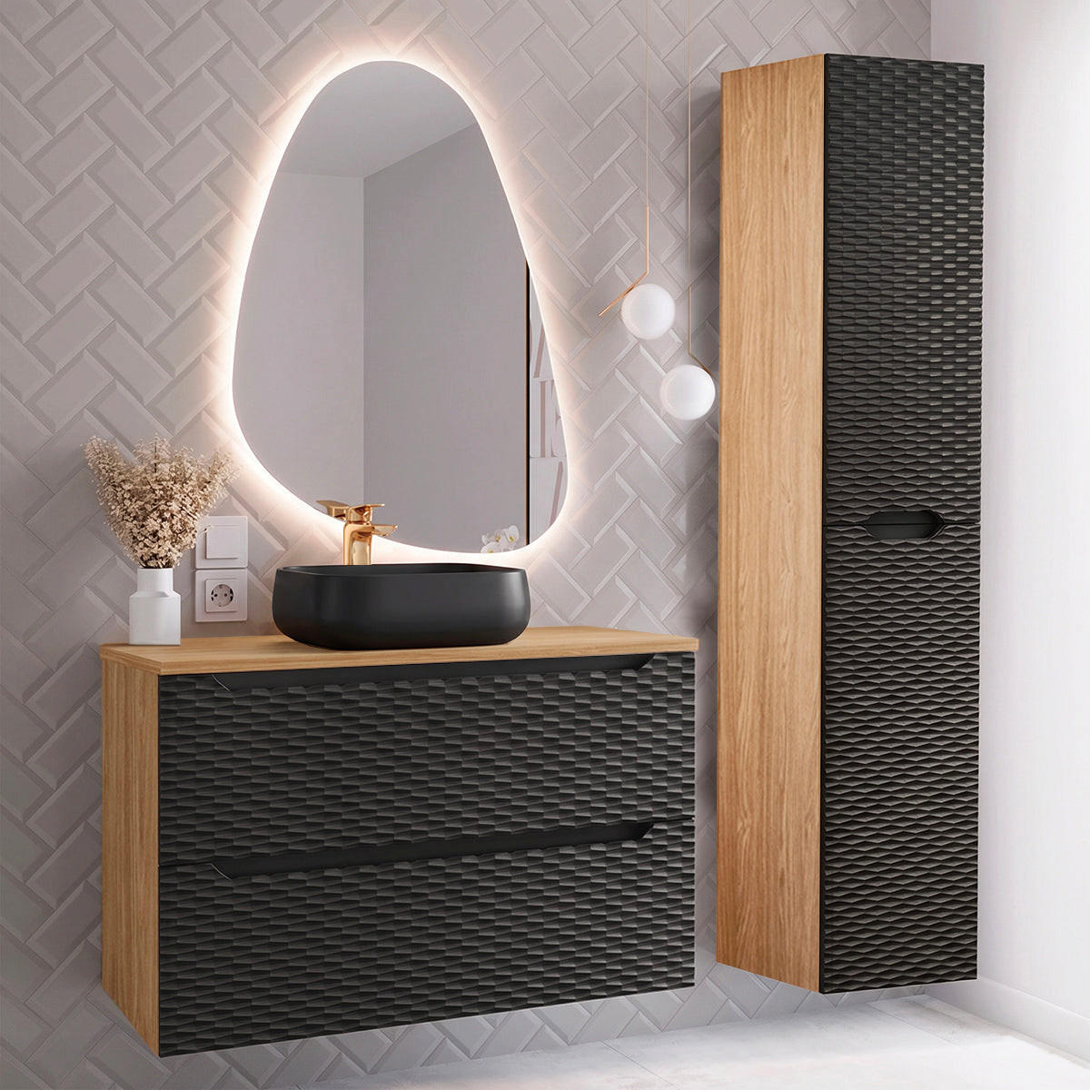 BADMÖBEL 90cm Elora 2er-Set Schwarz und Holz - Schwarz, Holzwerkstoff (90/59/46cm) - Petits-meubles