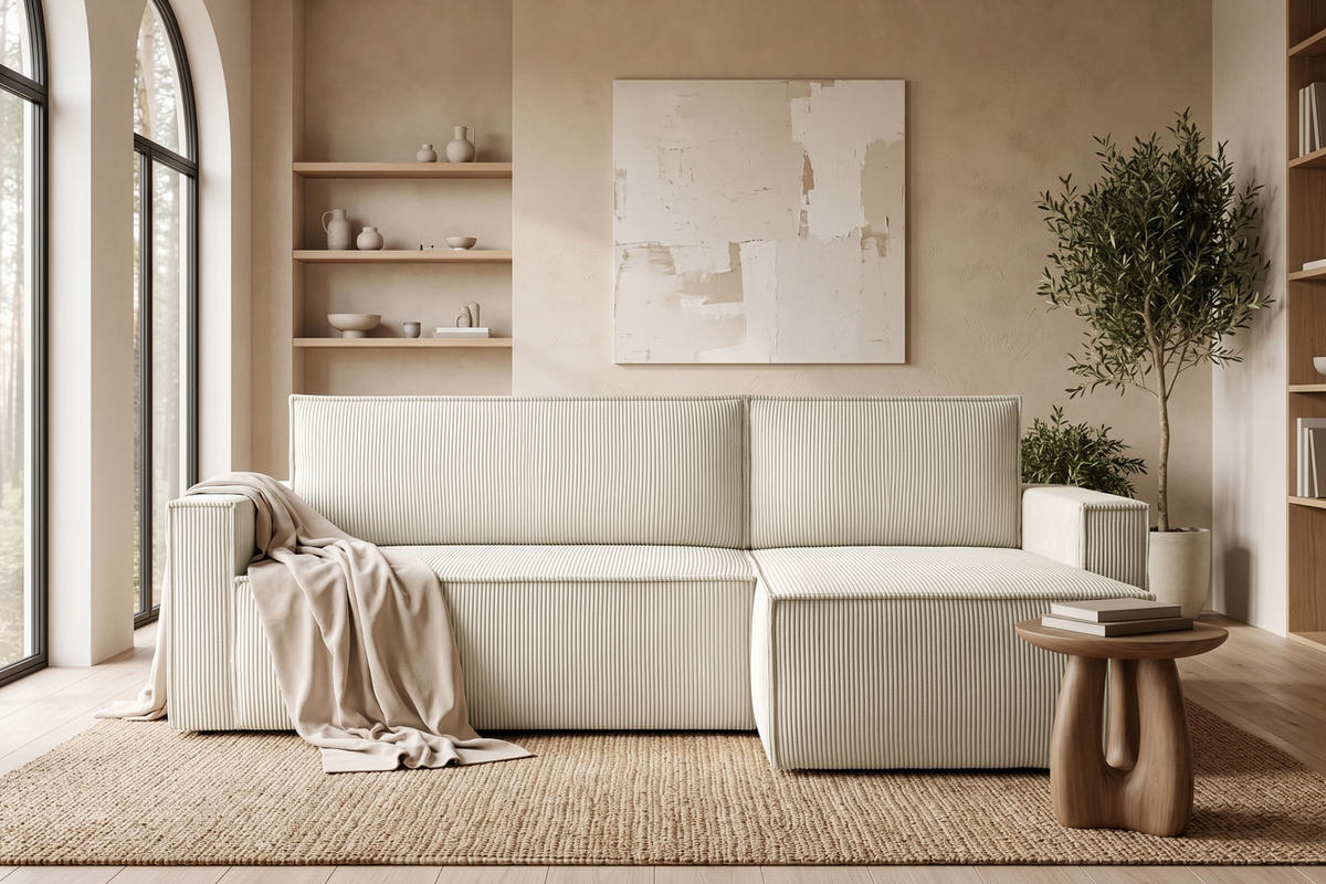 ECKSOFA-LINKS/RECHTS NAPI Schlaffunktion mit Cordbezug, creme - Creme/Schwarz, Textil (246/148cm) - KONSIMO®