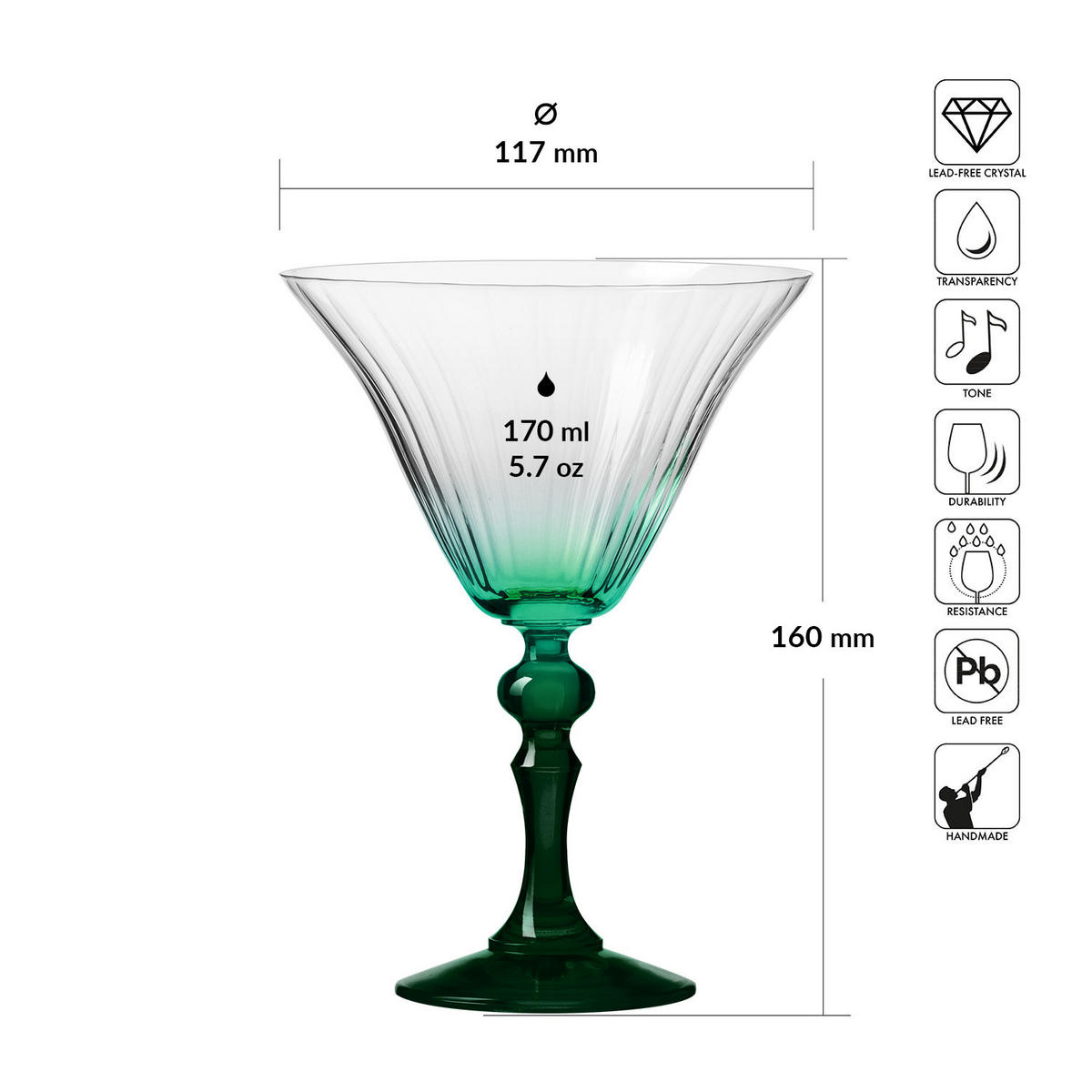 COCKTAILGLÄSER BUBBLE CELEBRATION MOMENTS MIT GRÜNEM STIEL, 2ER-SET, 170 ML - Transparent, Glas (0.17L) - Krosno Glass