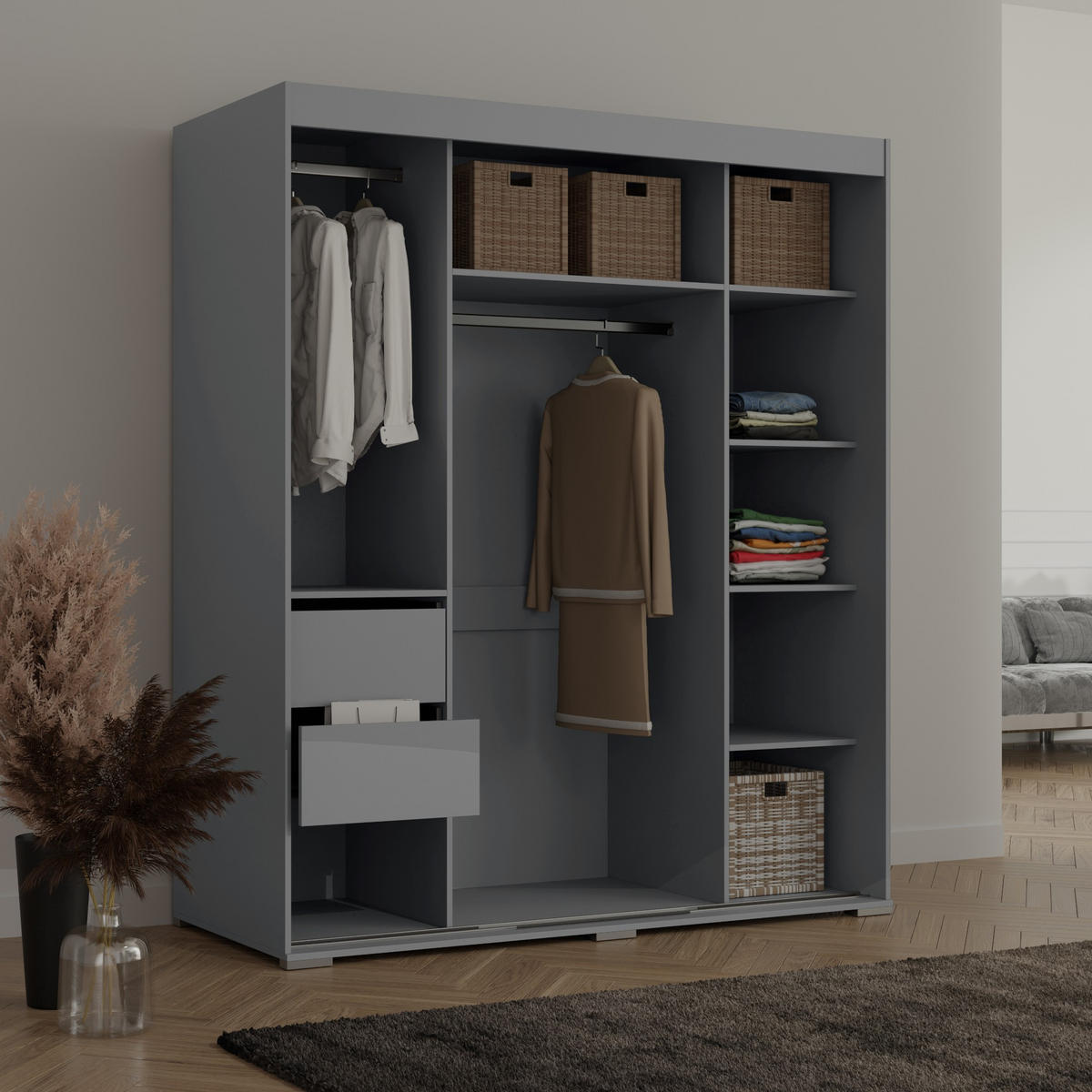 SCHIEBETÜRENSCHRANK mit Schubladen Como 3D 180 Grau (lacobel) - Silberfarben/Grau, Holzwerkstoff/Metall (180/208/67cm) - mzm24